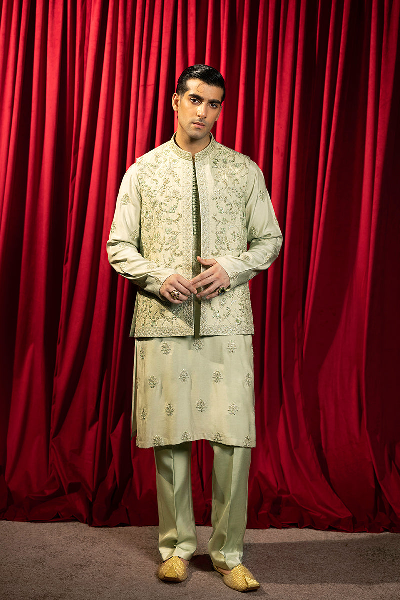 Republic By Omar Farooq | Luxury Rtw | Pastel Green Waistcoat -  Republic by Omar Farooq Luxury RTW - Original Designer Dress - House of Maryam