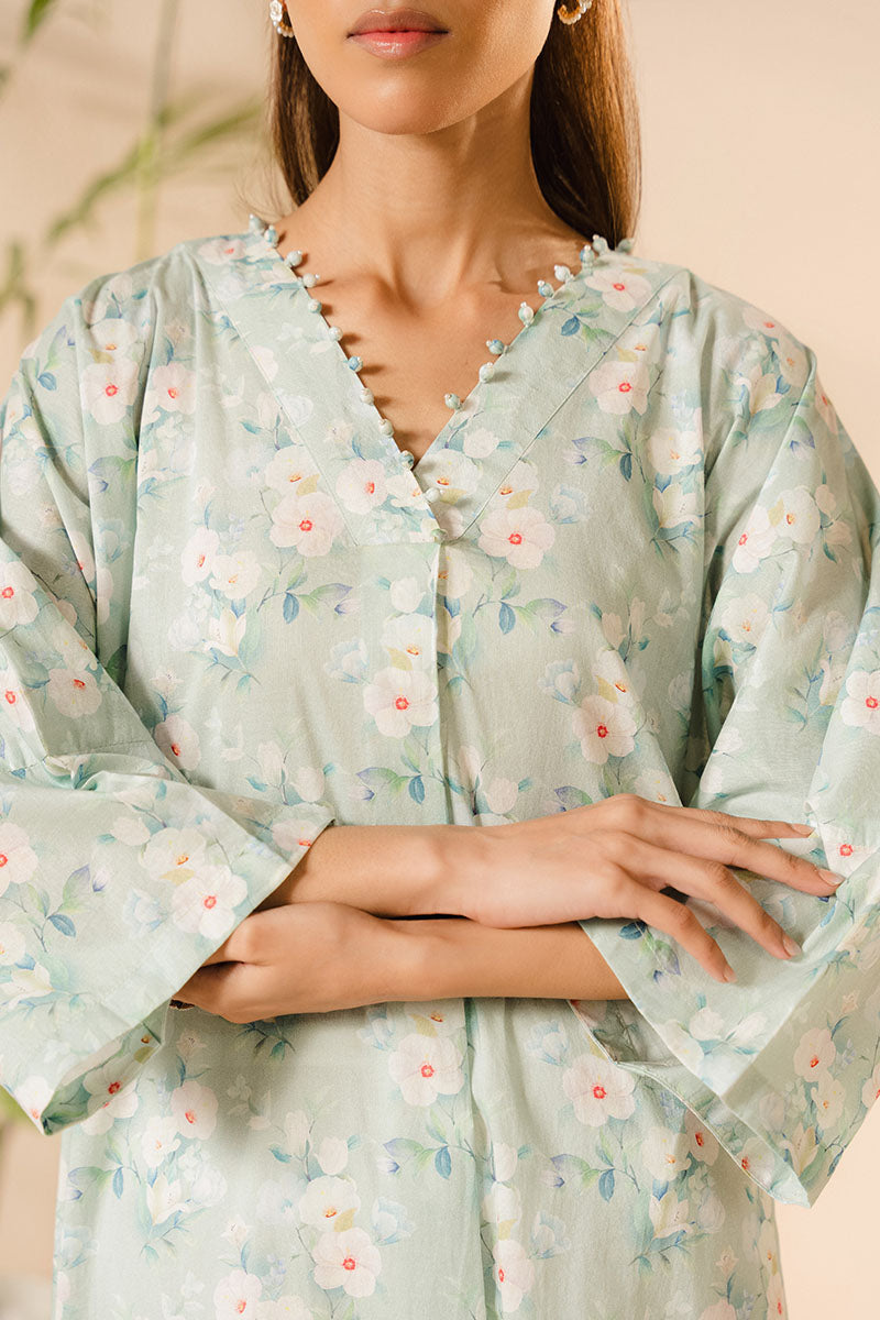 Cross Stitch | Basic Pret | Aqua Mint Printed Lawn Shirt-2