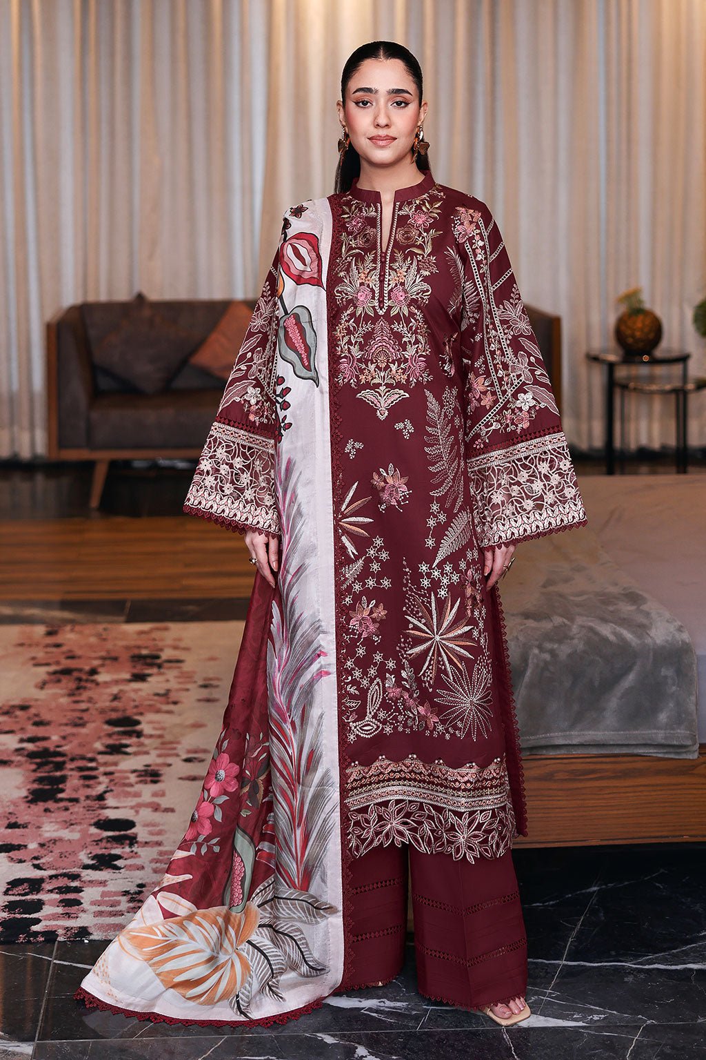 Ramsha | Andaaz Collection | Z-1406-Brand:Ramsha-Type:Ladies Clothes-Dark Maroon-Lawn-House of Maryam- Buy in UK, USA