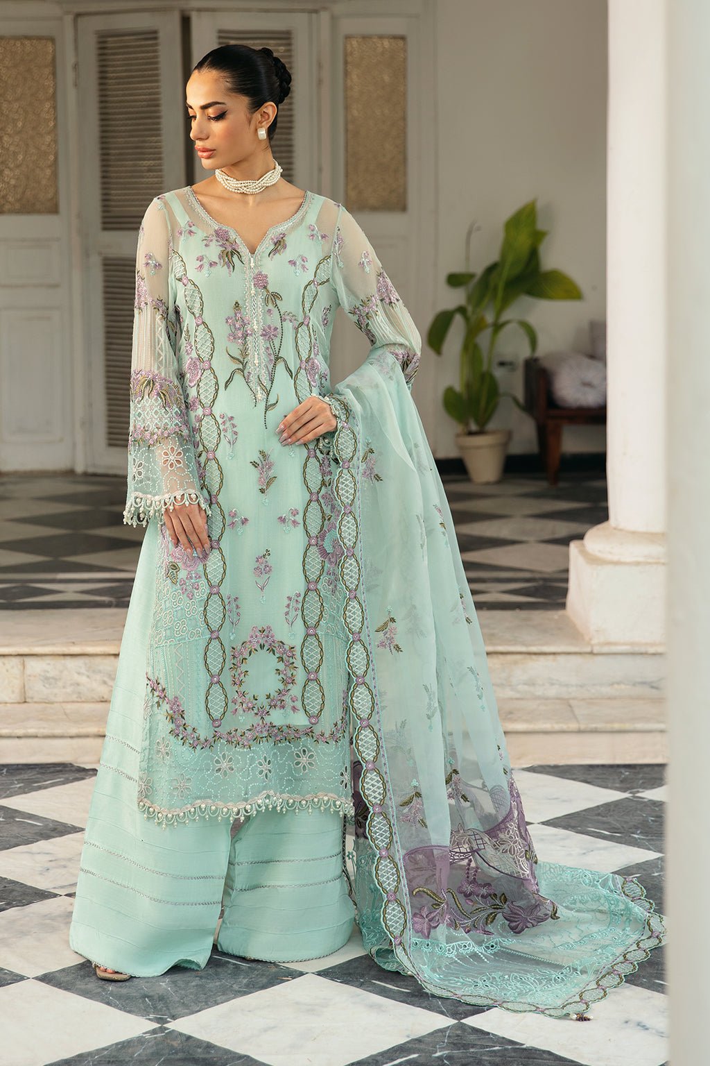 Ramsha | Dastak Luxury Chiffon Collection | Q-102-Brand:Ramsha-Type:Ladies Clothes-Ice Blue-Chiffon-House of Maryam- Buy in UK, USA