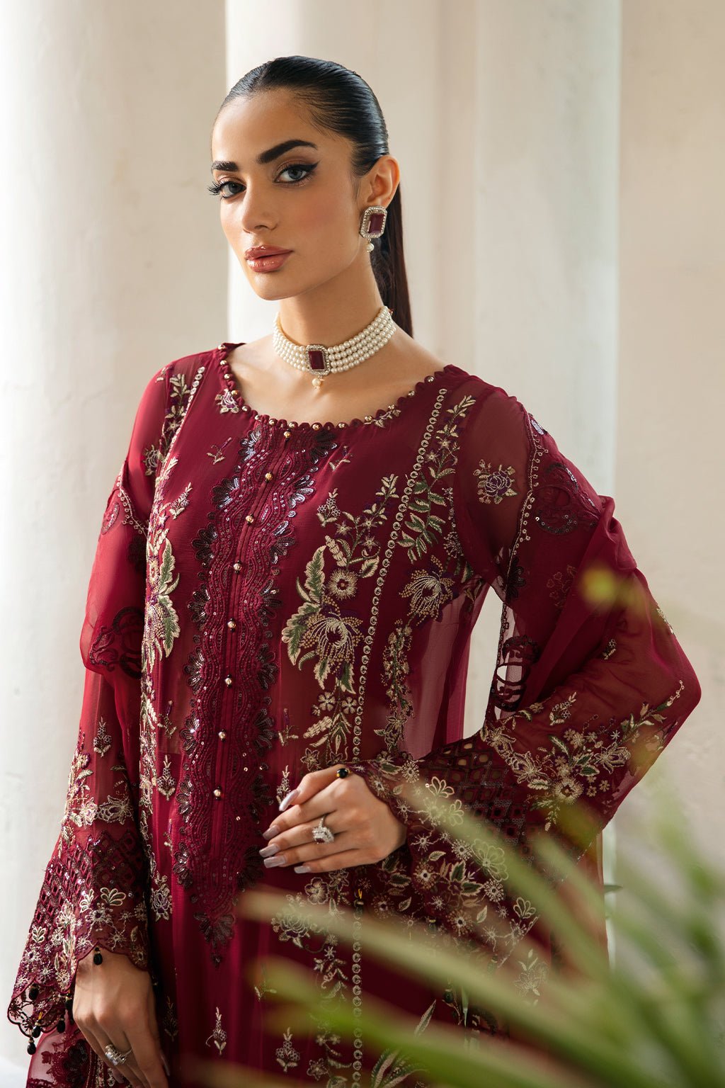Ramsha | Dastak Luxury Chiffon Collection | Q-103-Brand:Ramsha-Type:Ladies Clothes-Deep Red-Chiffon-House of Maryam- Buy in UK, USA