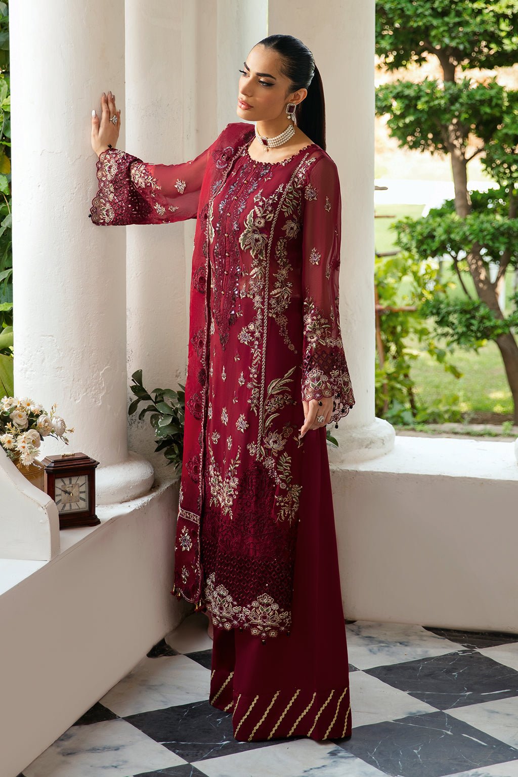 Ramsha | Dastak Luxury Chiffon Collection | Q-103-Brand:Ramsha-Type:Ladies Clothes-Deep Red-Chiffon-House of Maryam- Buy in UK, USA