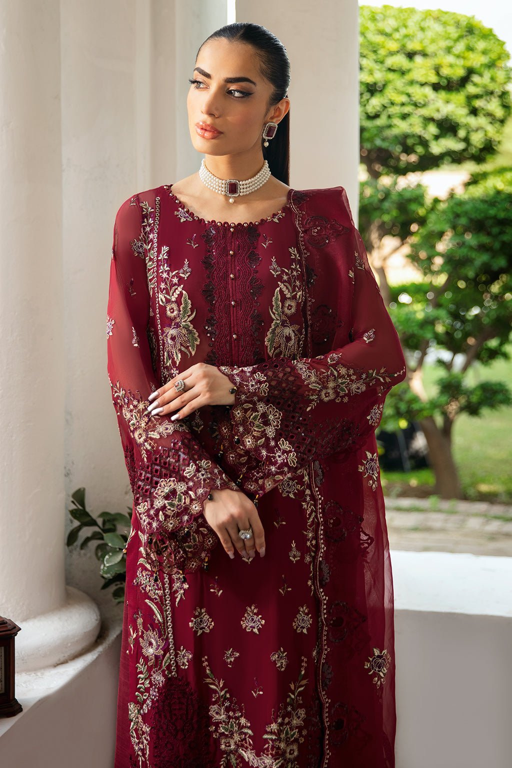 Ramsha | Dastak Luxury Chiffon Collection | Q-103-Brand:Ramsha-Type:Ladies Clothes-Deep Red-Chiffon-House of Maryam- Buy in UK, USA