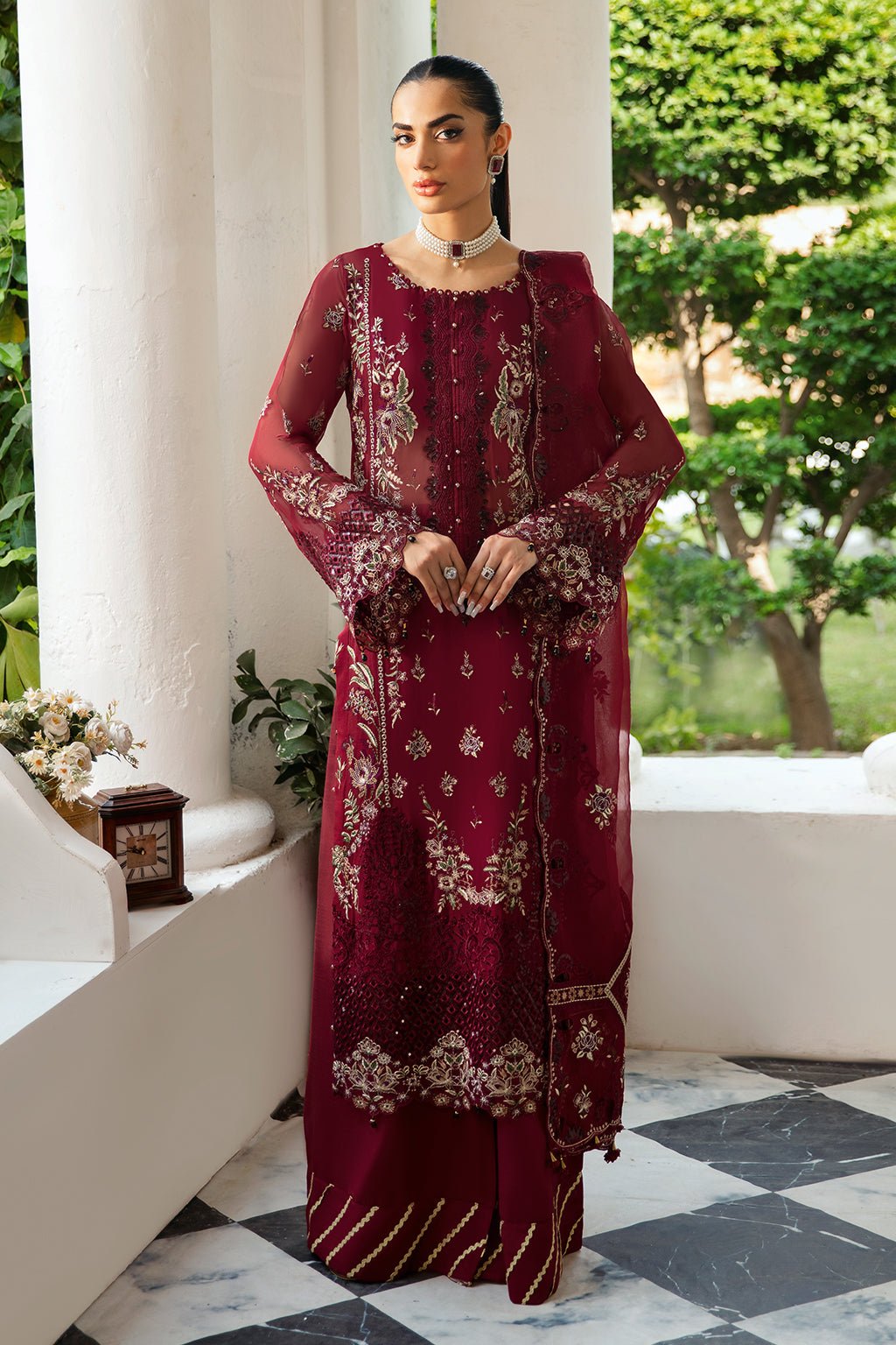 Ramsha | Dastak Luxury Chiffon Collection | Q-103-Brand:Ramsha-Type:Ladies Clothes-Deep Red-Chiffon-House of Maryam- Buy in UK, USA
