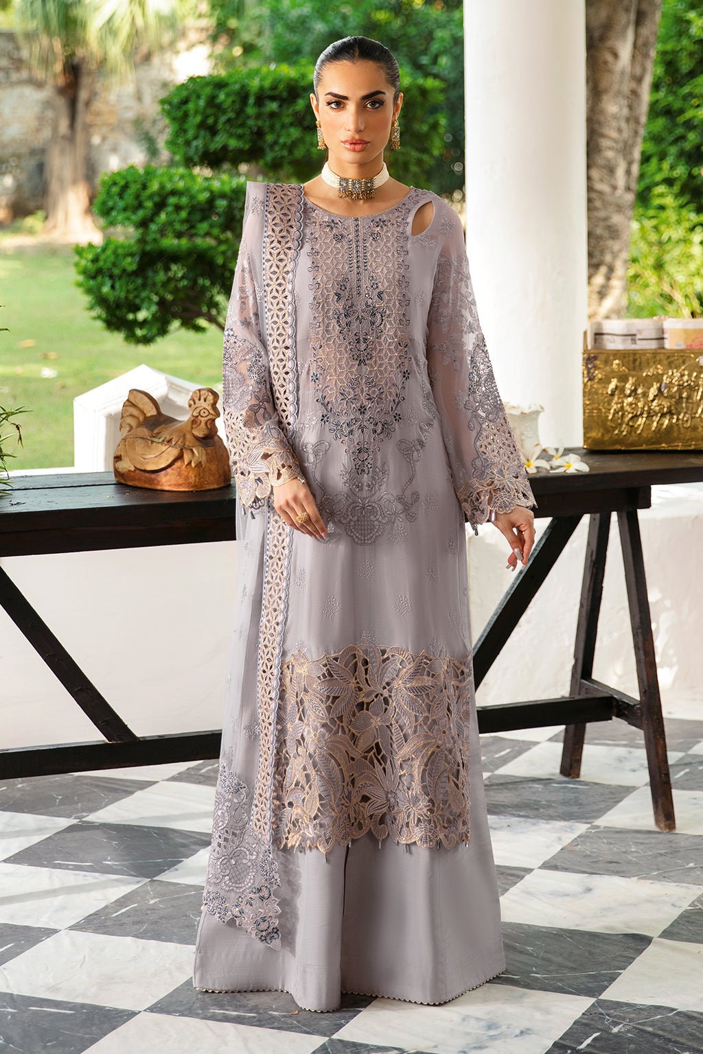 Ramsha | Dastak Luxury Chiffon Collection | Q-104-Brand:Ramsha-Type:Ladies Clothes-Lilac Gray-Chiffon-House of Maryam- Buy in UK, USA