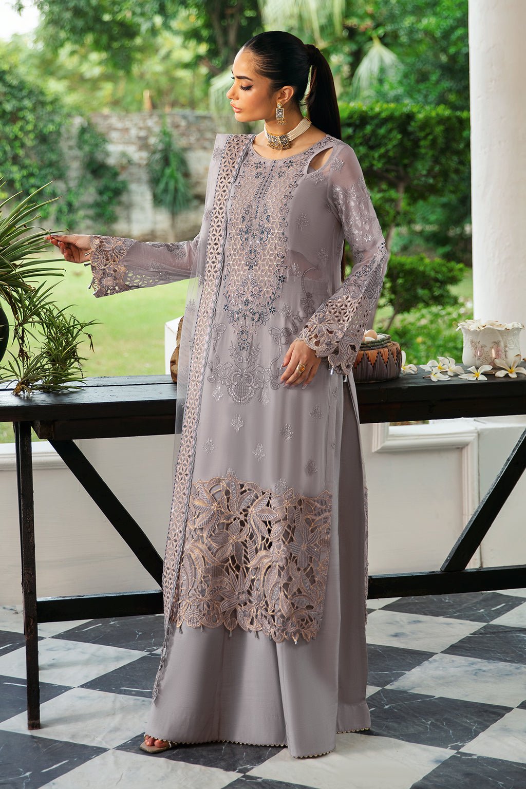Ramsha | Dastak Luxury Chiffon Collection | Q-104-Brand:Ramsha-Type:Ladies Clothes-Lilac Gray-Chiffon-House of Maryam- Buy in UK, USA