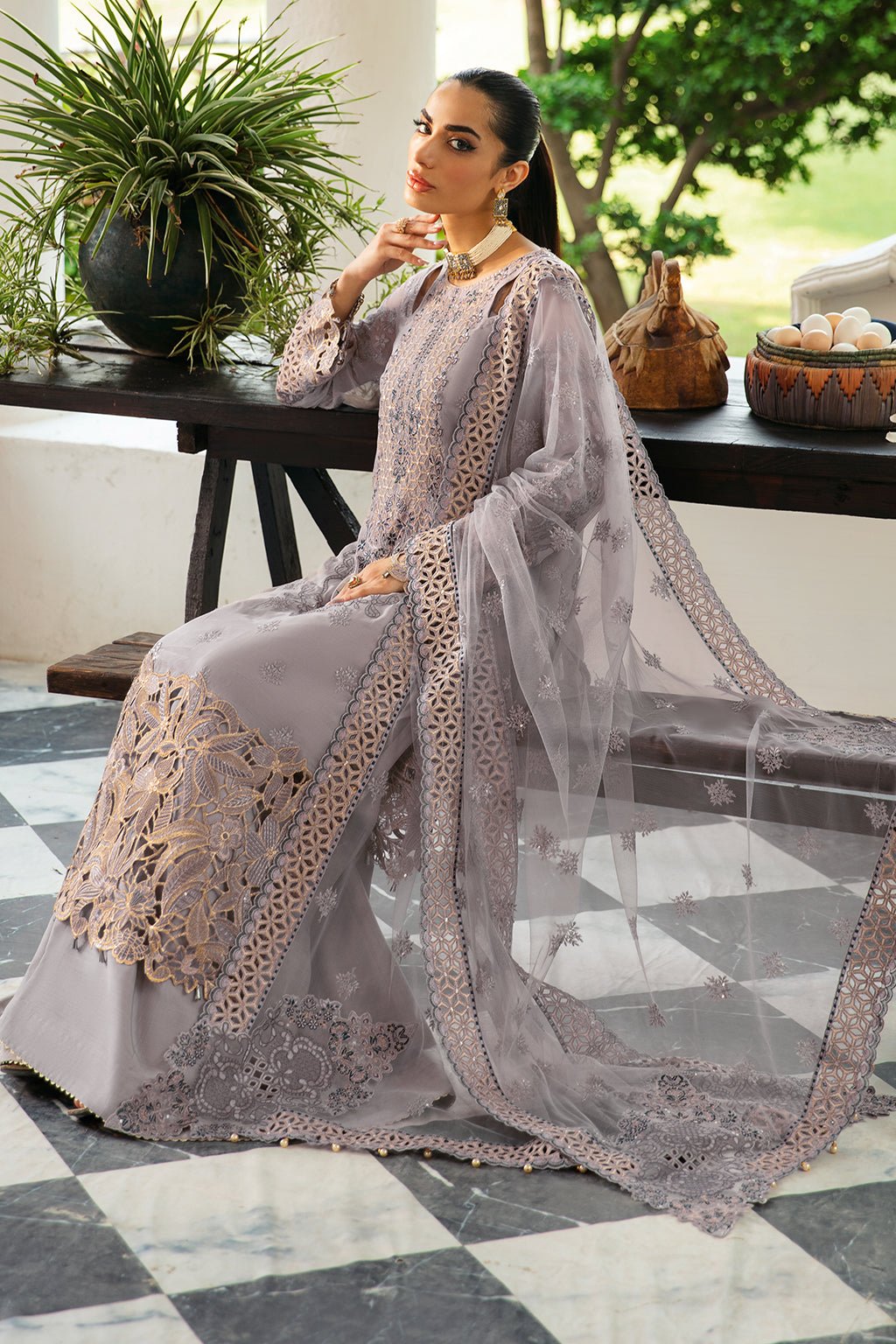 Ramsha | Dastak Luxury Chiffon Collection | Q-104-Brand:Ramsha-Type:Ladies Clothes-Lilac Gray-Chiffon-House of Maryam- Buy in UK, USA