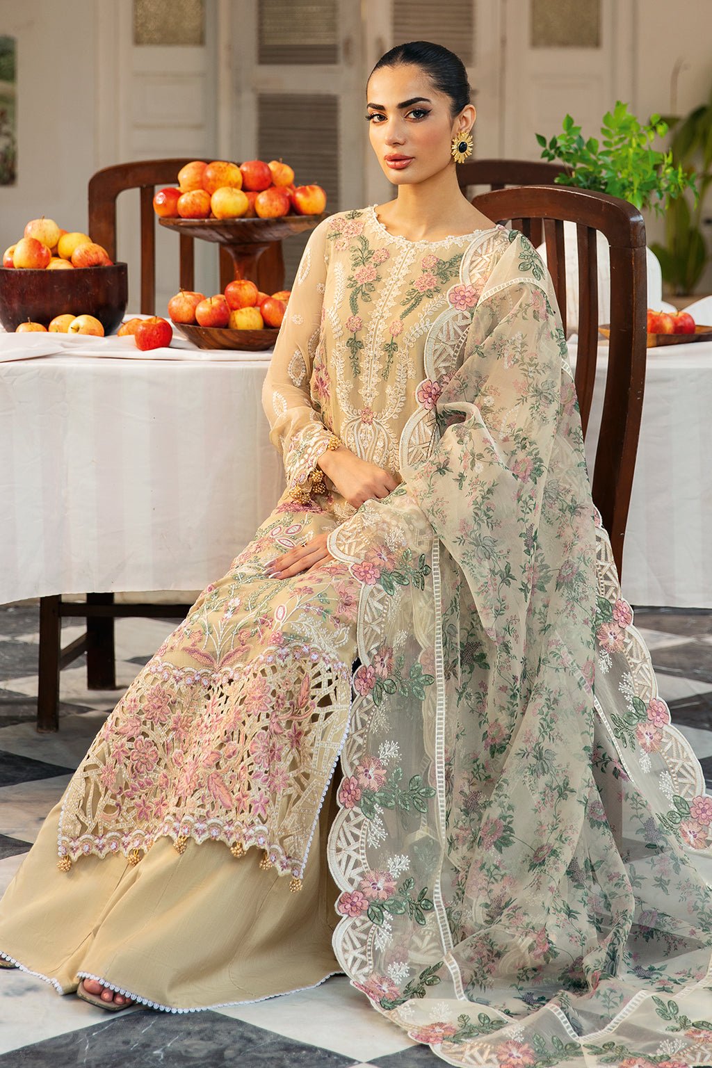 Ramsha | Dastak Luxury Chiffon Collection | Q-105-Brand:Ramsha-Type:Ladies Clothes-Beige-Chiffon-House of Maryam- Buy in UK, USA