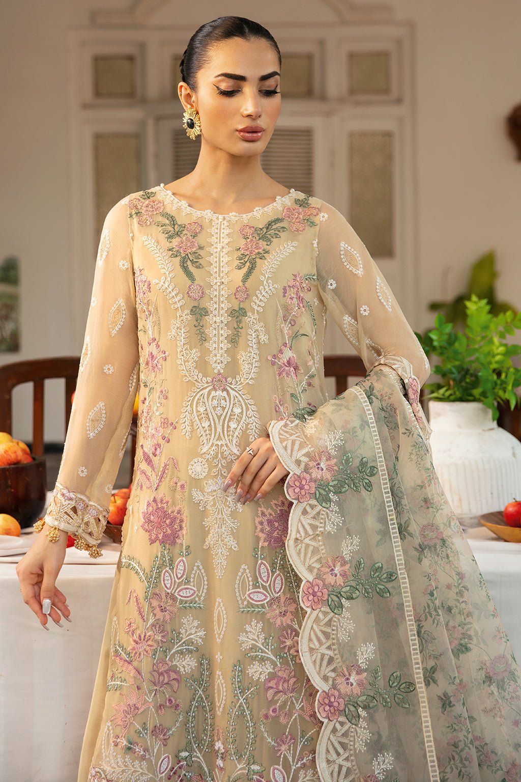 Ramsha | Dastak Luxury Chiffon Collection | Q-105-Brand:Ramsha-Type:Ladies Clothes-Beige-Chiffon-House of Maryam- Buy in UK, USA