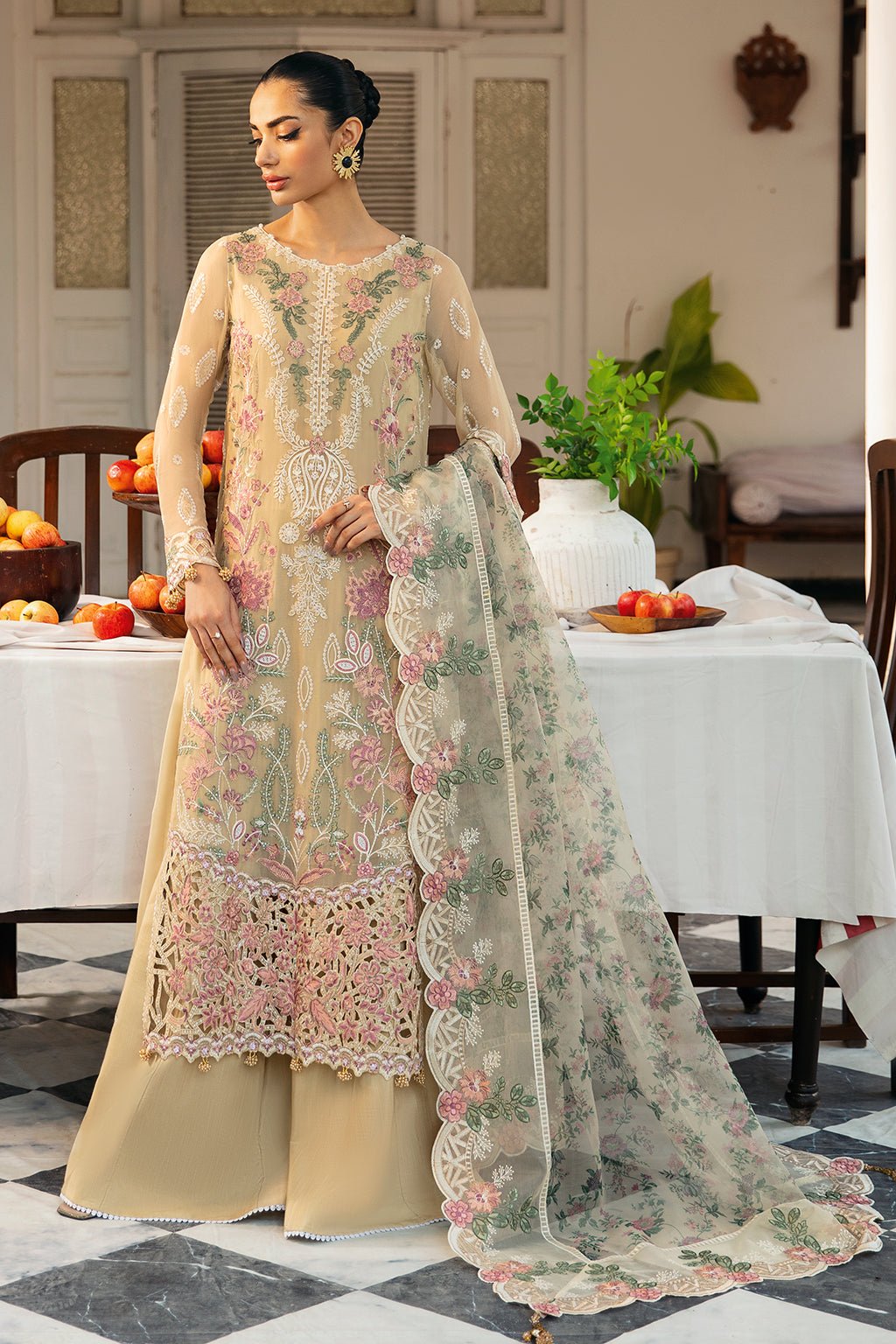 Ramsha | Dastak Luxury Chiffon Collection | Q-105-Brand:Ramsha-Type:Ladies Clothes-Beige-Chiffon-House of Maryam- Buy in UK, USA