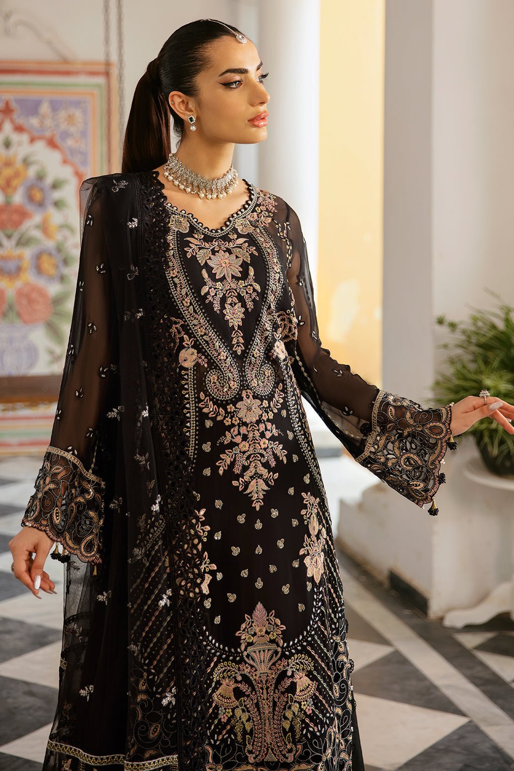 Ramsha | Dastak Luxury Chiffon Collection | Q-106-Brand:Ramsha-Type:Ladies Clothes-Black-Chiffon-House of Maryam- Buy in UK, USA