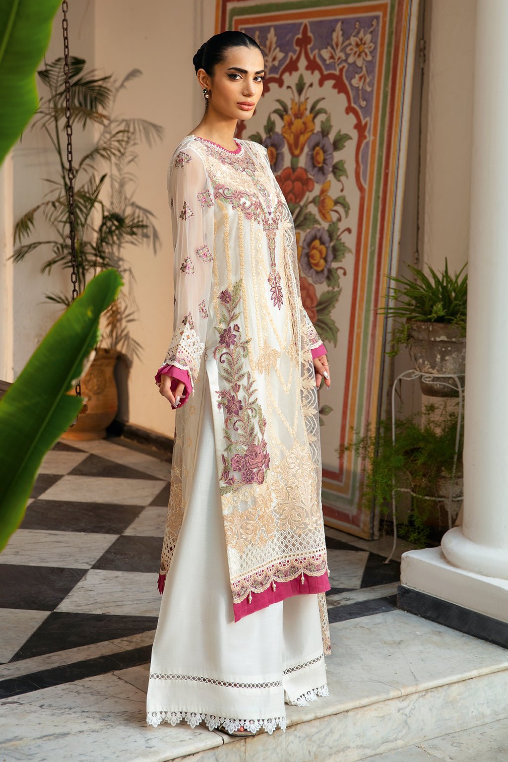 Ramsha | Dastak Luxury Chiffon Collection | Q-107-Brand:Ramsha-Type:Ladies Clothes-Ivory-Chiffon-House of Maryam- Buy in UK, USA