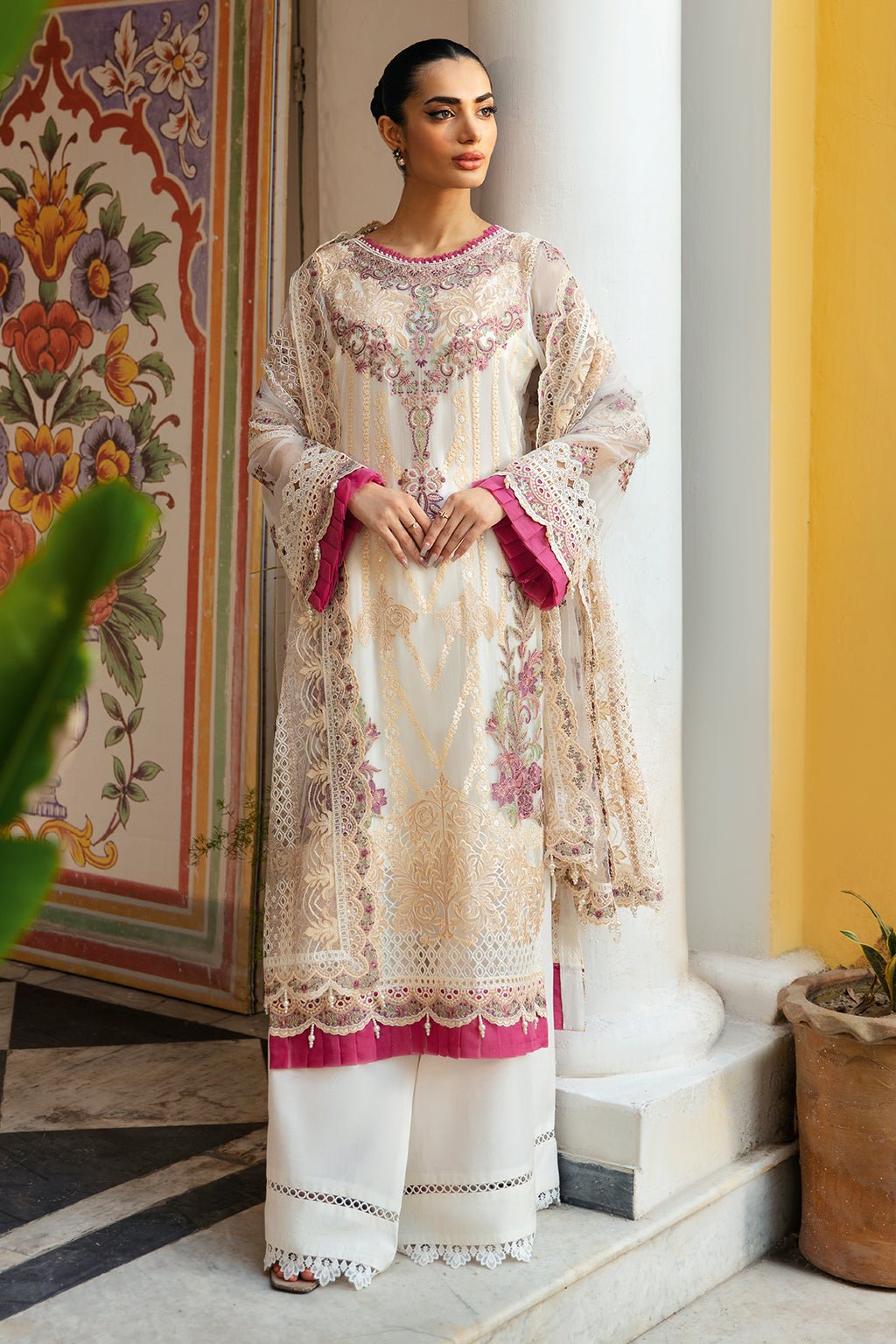 Ramsha | Dastak Luxury Chiffon Collection | Q-107-Brand:Ramsha-Type:Ladies Clothes-Ivory-Chiffon-House of Maryam- Buy in UK, USA