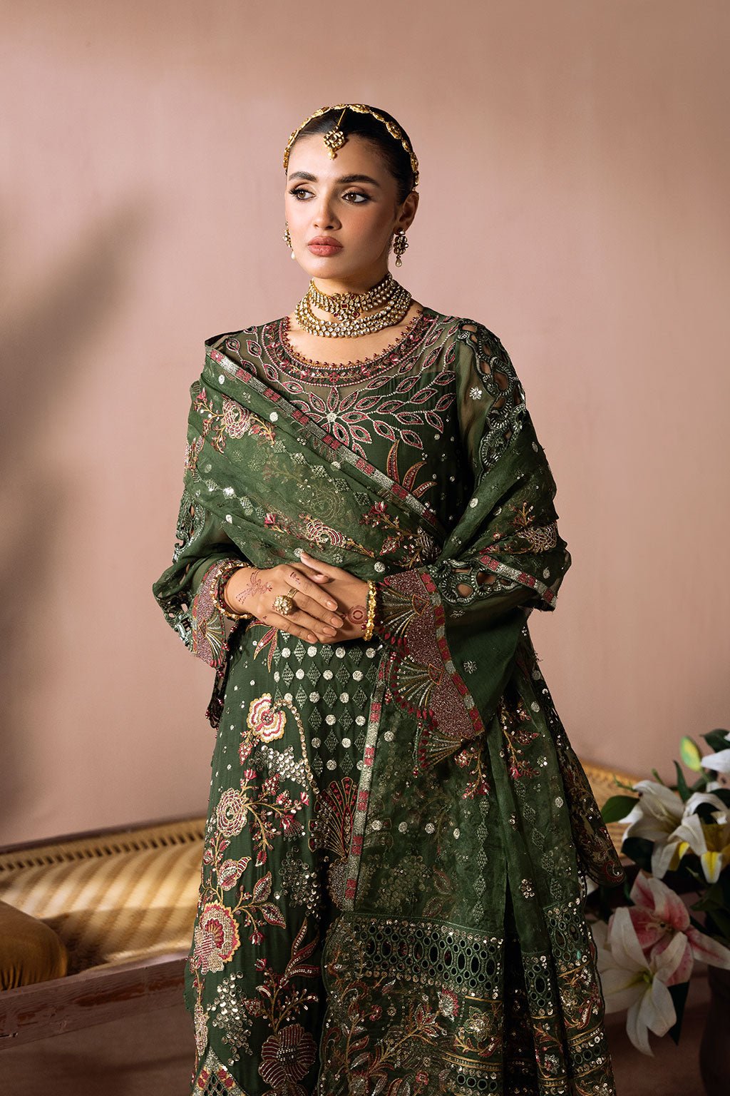 Ramsha | Dastak Luxury Chiffon Collection | Q-201-Brand:Ramsha-Type:Ladies Clothes-Olive Green-Chiffon-House of Maryam- Buy in UK, USA