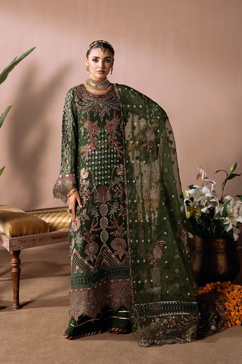 Ramsha | Dastak Luxury Chiffon Collection | Q-201-Brand:Ramsha-Type:Ladies Clothes-Olive Green-Chiffon-House of Maryam- Buy in UK, USA