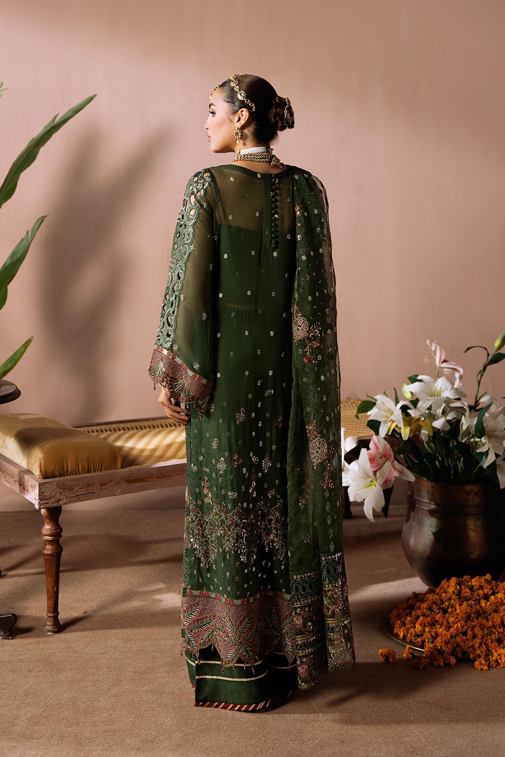 Ramsha | Dastak Luxury Chiffon Collection | Q-201-Brand:Ramsha-Type:Ladies Clothes-Olive Green-Chiffon-House of Maryam- Buy in UK, USA