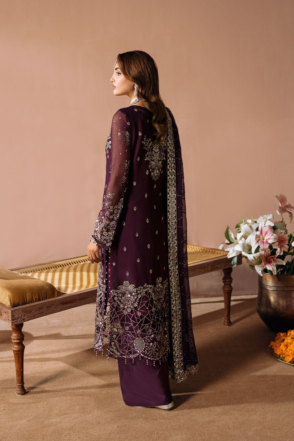 Ramsha | Dastak Luxury Chiffon Collection | Q-208-Brand:Ramsha-Type:Ladies Clothes-Plum - House of Maryam- Buy in UK, USA