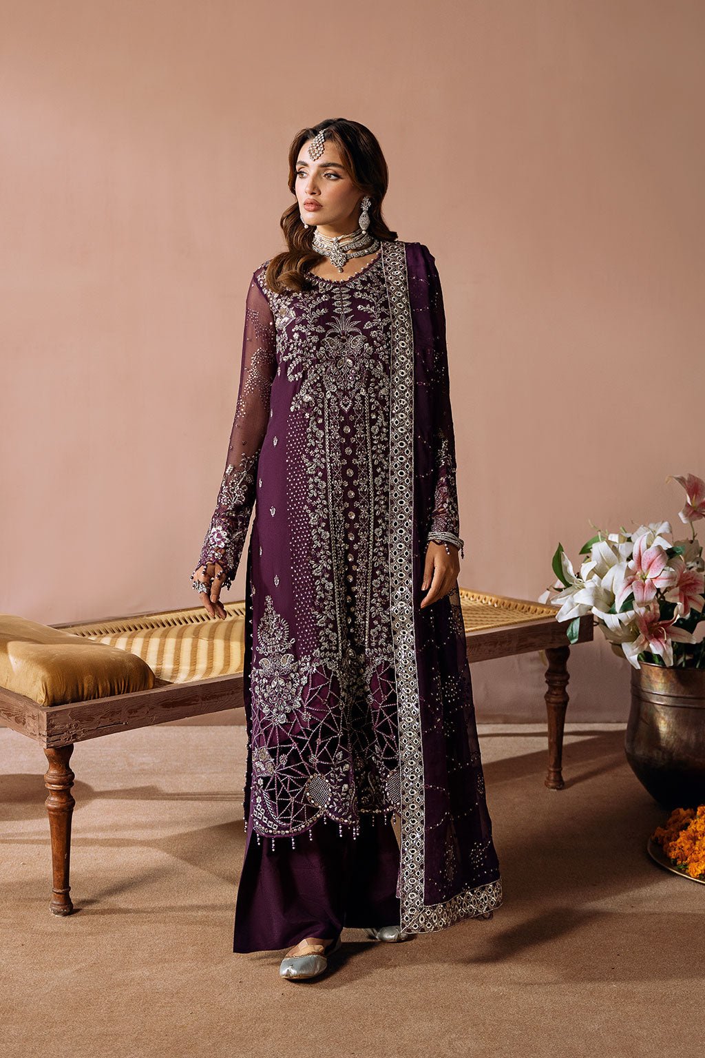 Ramsha | Dastak Luxury Chiffon Collection | Q-208-Brand:Ramsha-Type:Ladies Clothes-Plum - House of Maryam- Buy in UK, USA