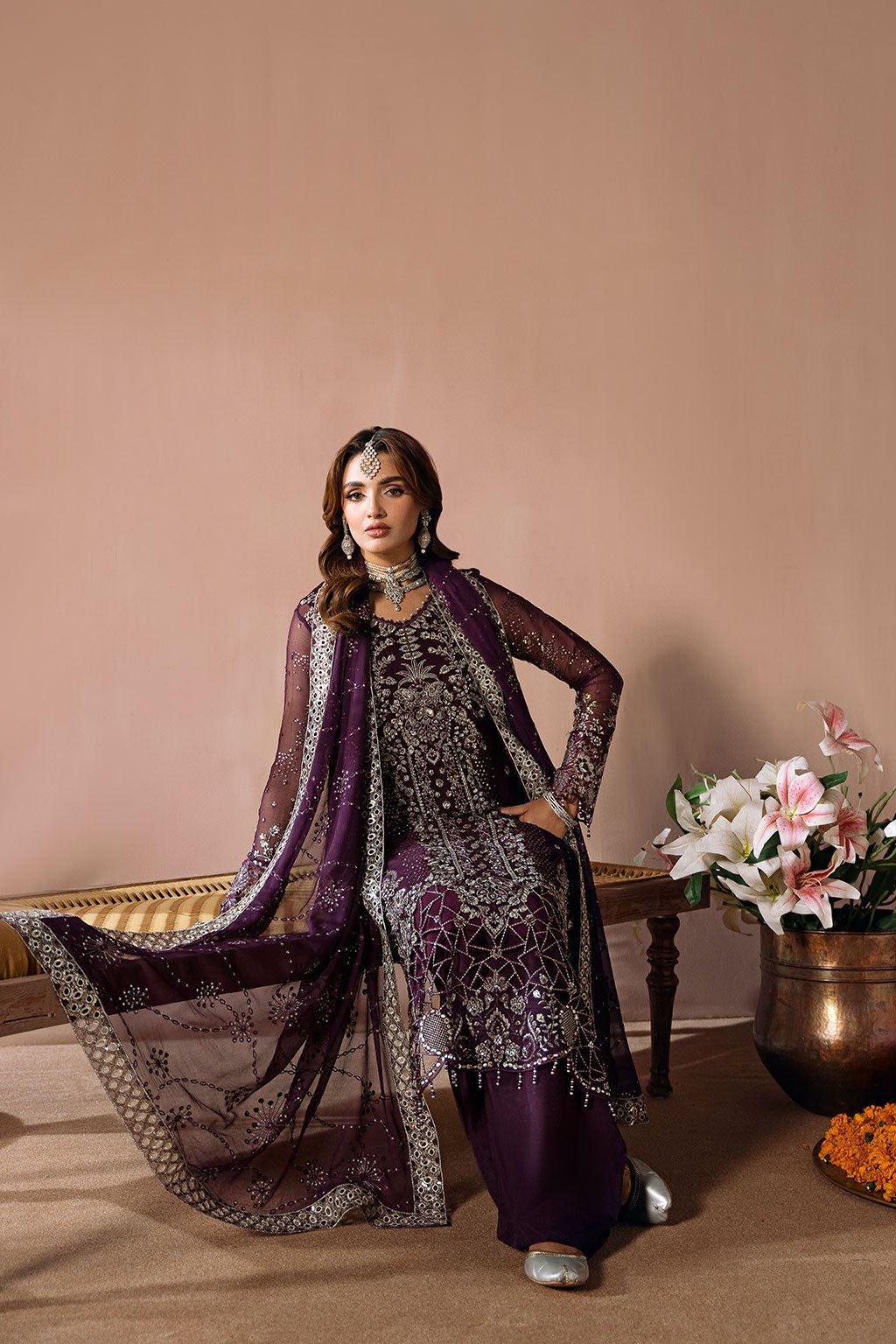 Ramsha | Dastak Luxury Chiffon Collection | Q-208-Brand:Ramsha-Type:Ladies Clothes-Plum - House of Maryam- Buy in UK, USA