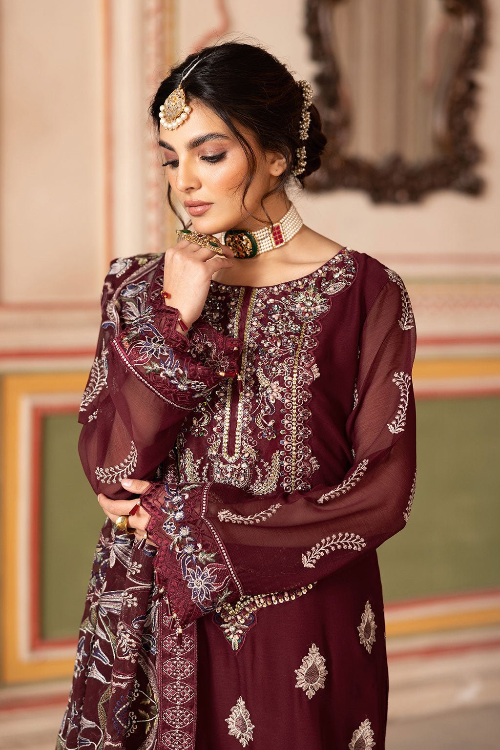 Ramsha | Dastan Formals | T-301-Brand:Ramsha-Type:Ladies Clothes-Dark Maroon-Chiffon-House of Maryam- Buy in UK, USA