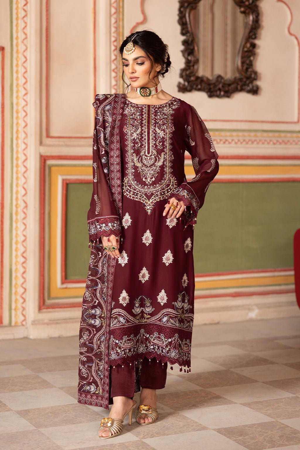 Ramsha | Dastan Formals | T-301-Brand:Ramsha-Type:Ladies Clothes-Dark Maroon-Chiffon-House of Maryam- Buy in UK, USA