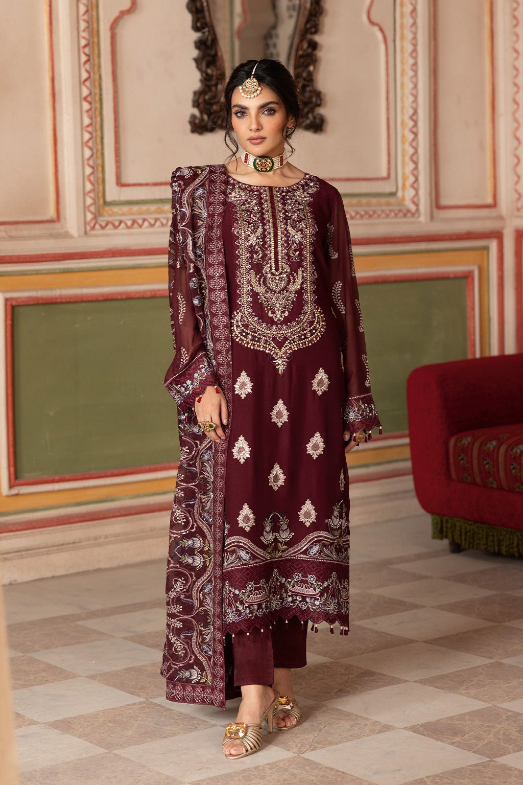 Ramsha | Dastan Formals | T-301-Brand:Ramsha-Type:Ladies Clothes-Dark Maroon-Chiffon-House of Maryam- Buy in UK, USA