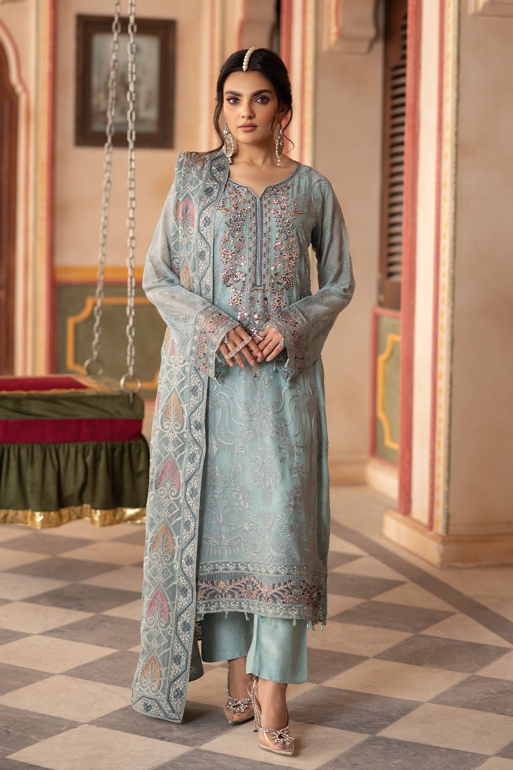 Ramsha | Dastan Formals | T-302-Brand:Ramsha-Type:Ladies Clothes-Gray-Chiffon-House of Maryam- Buy in UK, USA