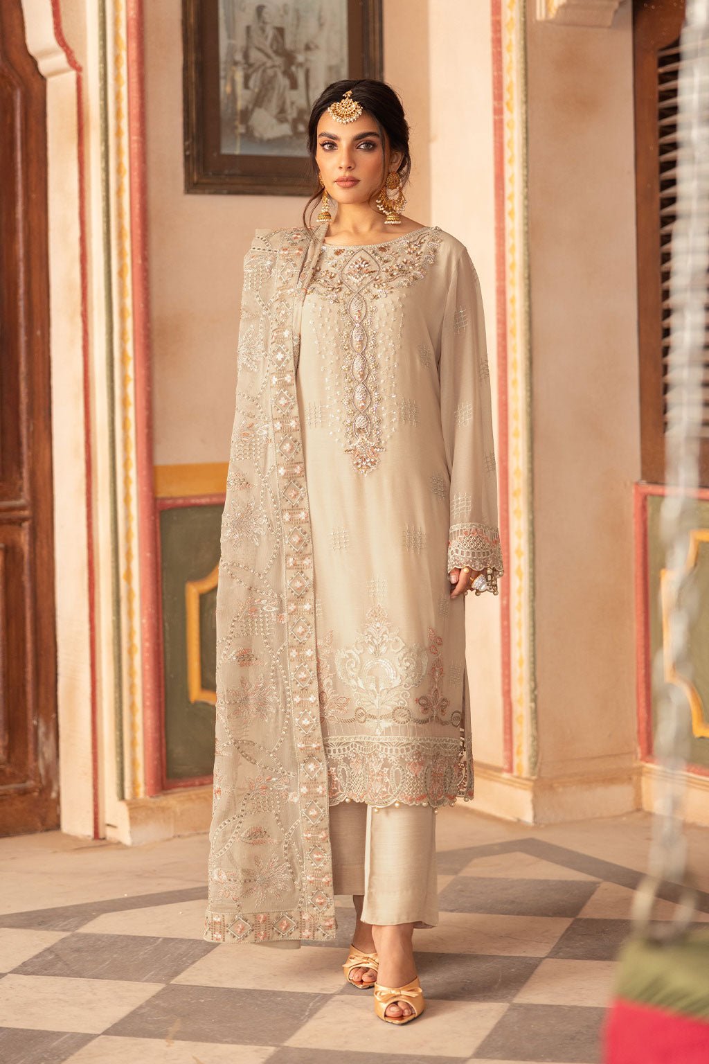 Ramsha | Dastan Formals | T-305-Brand:Ramsha-Type:Ladies Clothes-Beige-Chiffon-House of Maryam- Buy in UK, USA