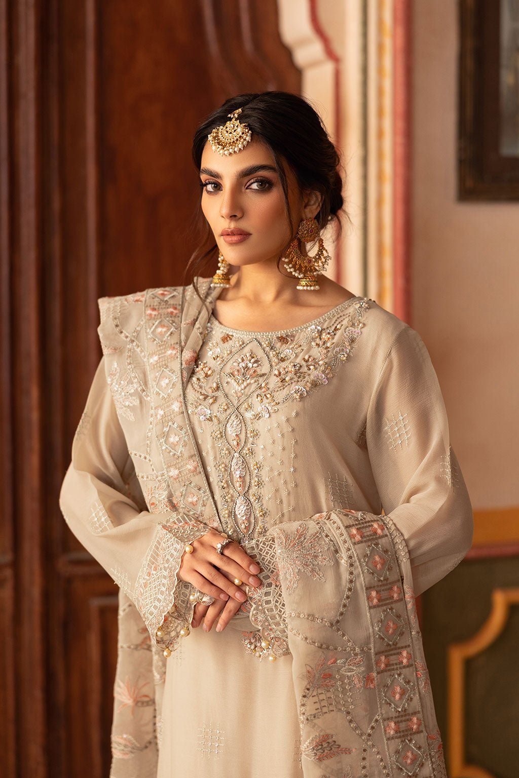 Ramsha | Dastan Formals | T-305-Brand:Ramsha-Type:Ladies Clothes-Beige-Chiffon-House of Maryam- Buy in UK, USA