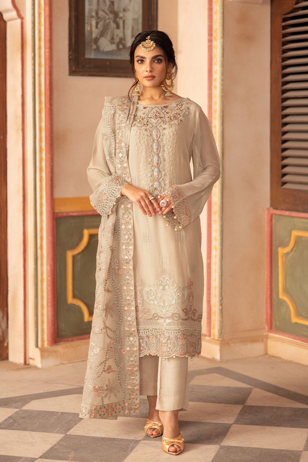 Ramsha | Dastan Formals | T-305-Brand:Ramsha-Type:Ladies Clothes-Beige-Chiffon-House of Maryam- Buy in UK, USA