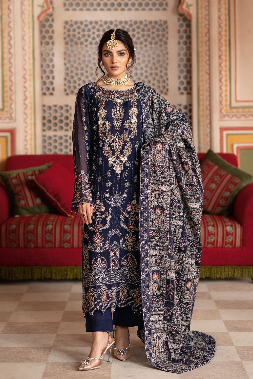 Ramsha | Dastan Formals | T-306-Brand:Ramsha-Type:Ladies Clothes-Deep Blue-Chiffon-House of Maryam- Buy in UK, USA