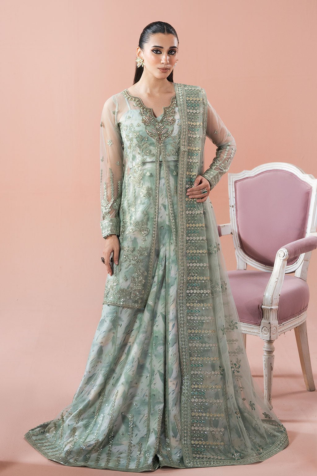 Ramsha | Rangeen Collection | PS-103-Brand:Ramsha-Type:Ladies Clothes-Sage Green-Net-House of Maryam- Buy in UK, USA