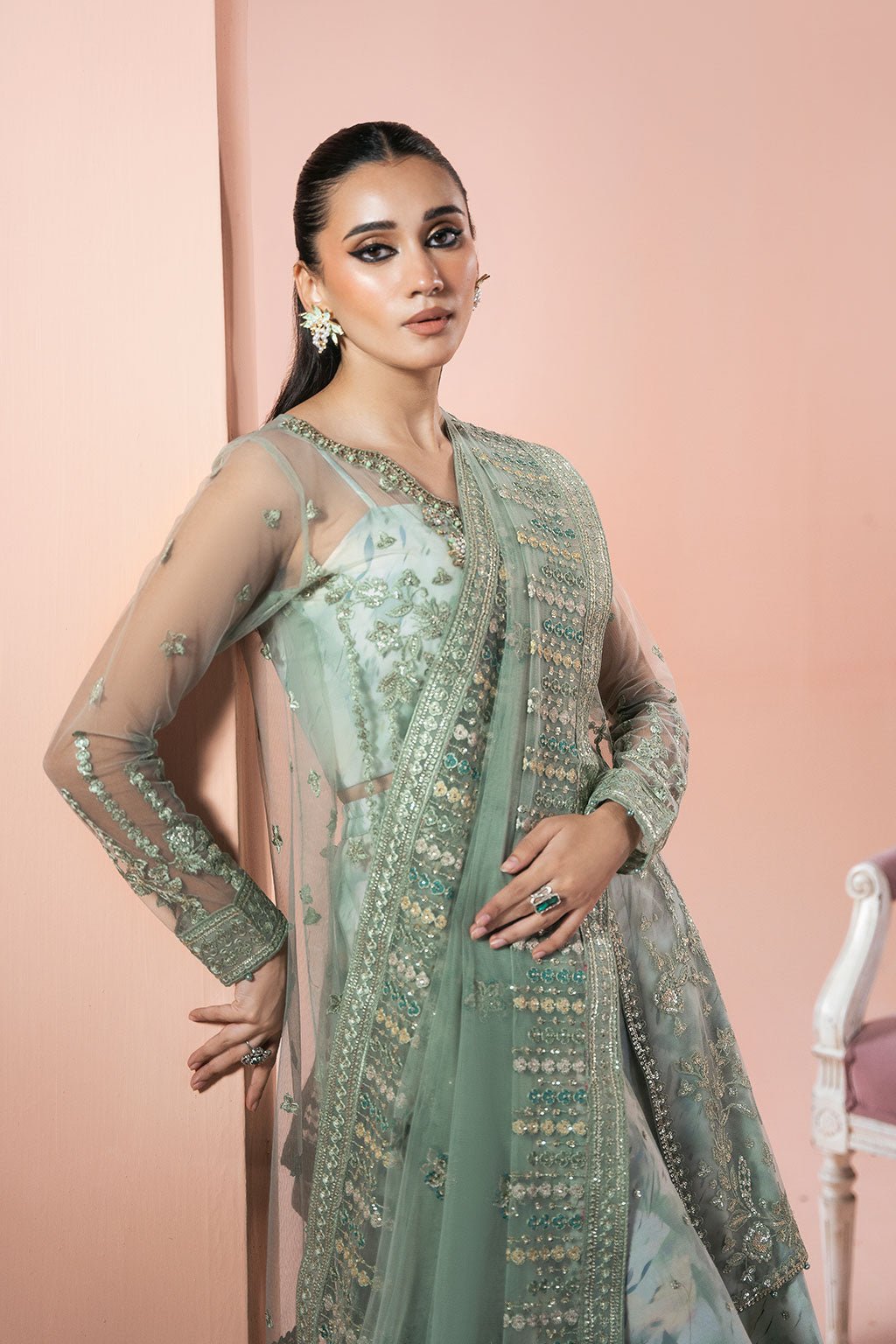 Ramsha | Rangeen Collection | PS-103-Brand:Ramsha-Type:Ladies Clothes-Sage Green-Net-House of Maryam- Buy in UK, USA