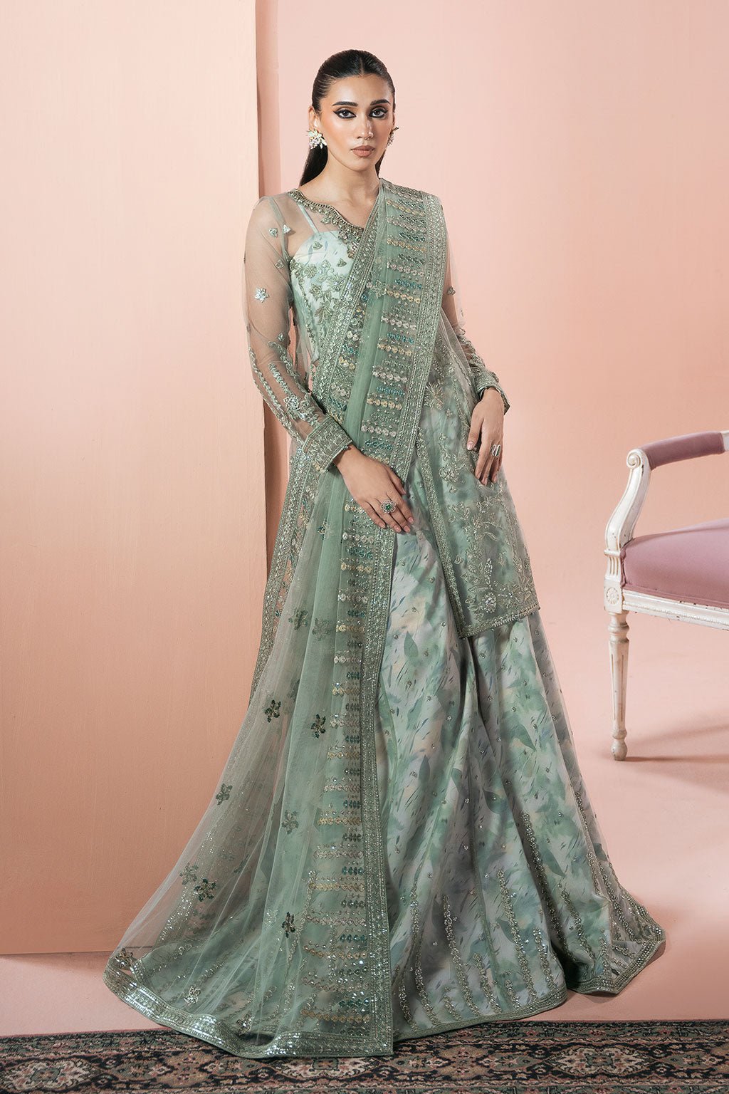 Ramsha | Rangeen Collection | PS-103-Brand:Ramsha-Type:Ladies Clothes-Sage Green-Net-House of Maryam- Buy in UK, USA