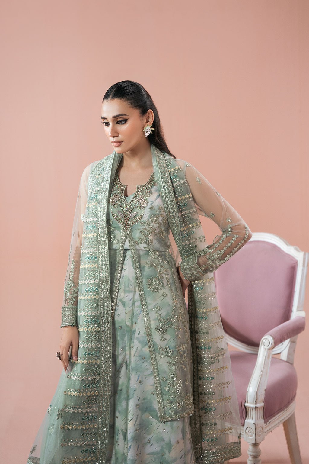 Ramsha | Rangeen Collection | PS-103-Brand:Ramsha-Type:Ladies Clothes-Sage Green-Net-House of Maryam- Buy in UK, USA