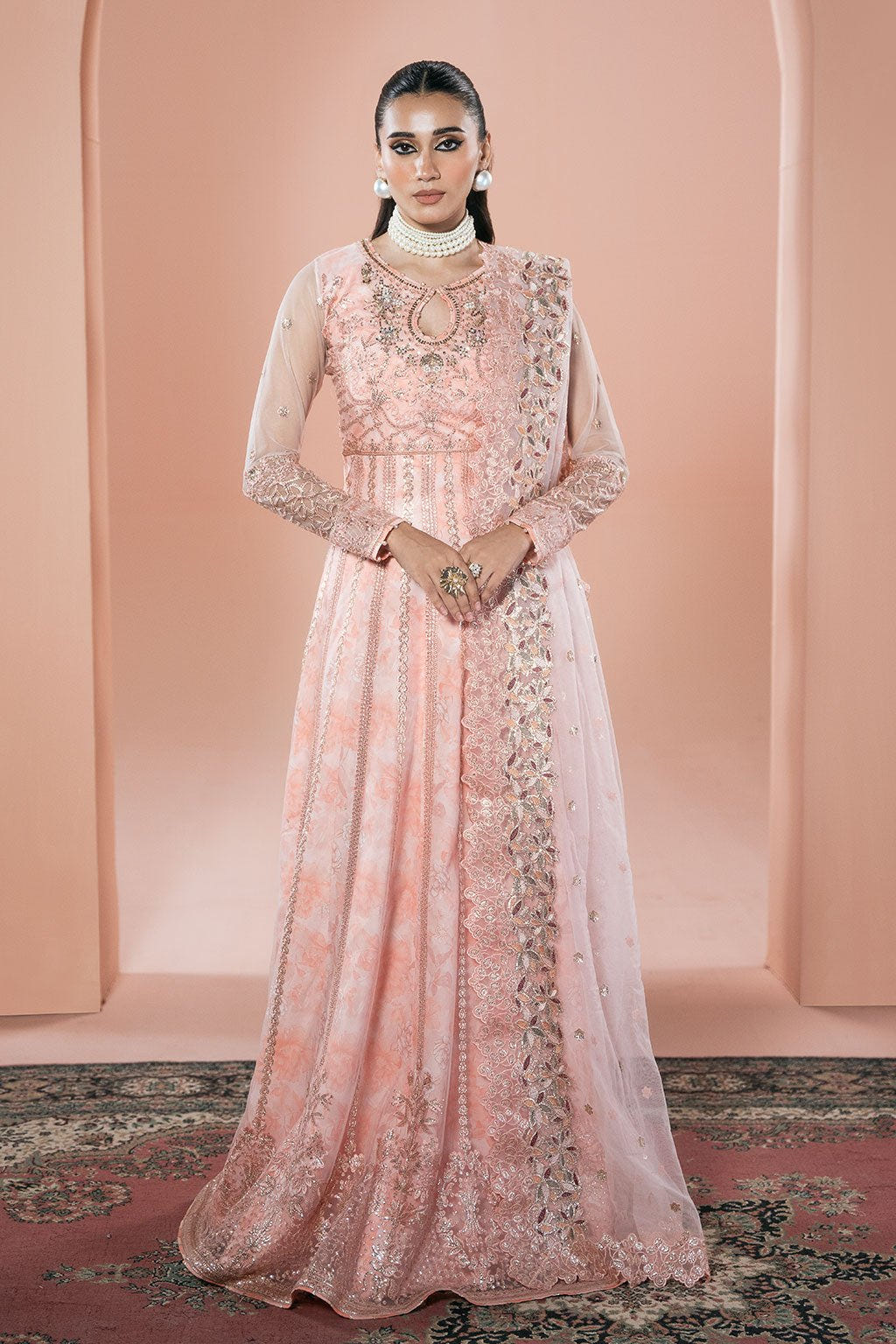 Ramsha | Rangeen Collection | PS-107-Brand:Ramsha-Type:Ladies Clothes-Peach Pink-Net-House of Maryam- Buy in UK, USA