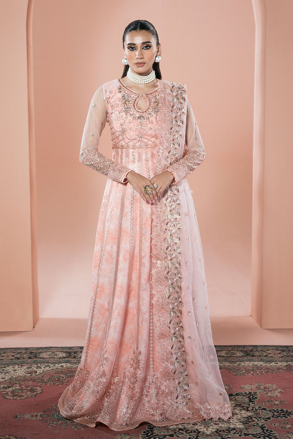 Ramsha | Rangeen Collection | PS-107-Brand:Ramsha-Type:Ladies Clothes-Peach Pink-Net-House of Maryam- Buy in UK, USA