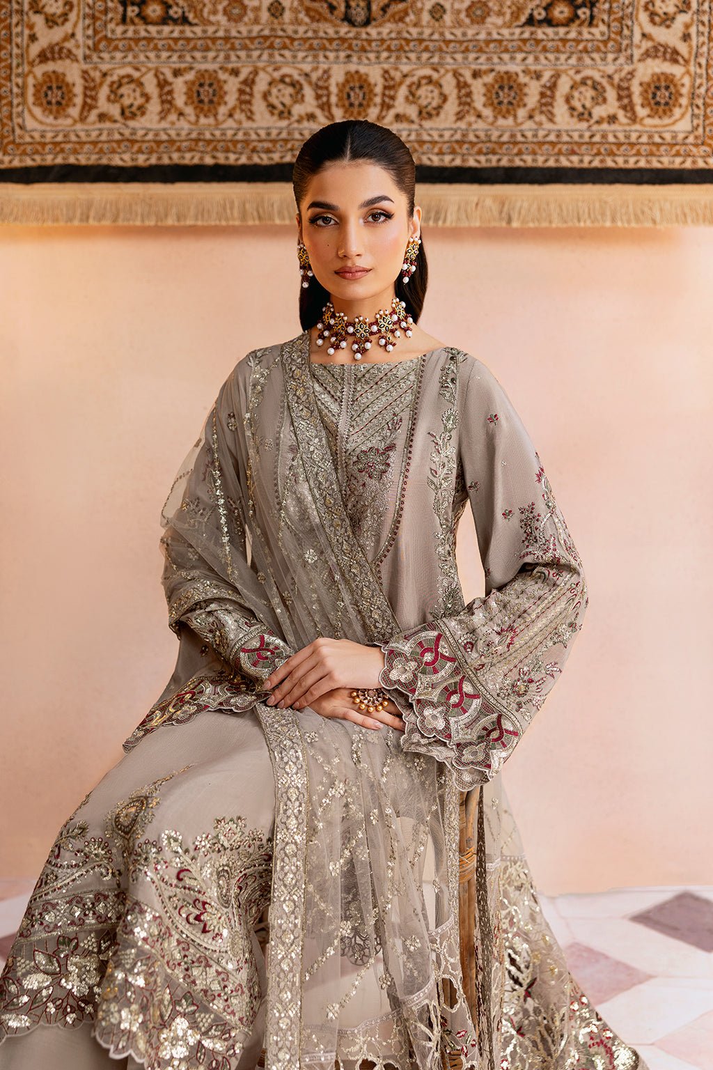 Ramsha | Shehnai Formals | SS-103-Brand:Ramsha-Type:Ladies Clothes-Cloud Gray-Raw Silk-House of Maryam- Buy in UK, USA