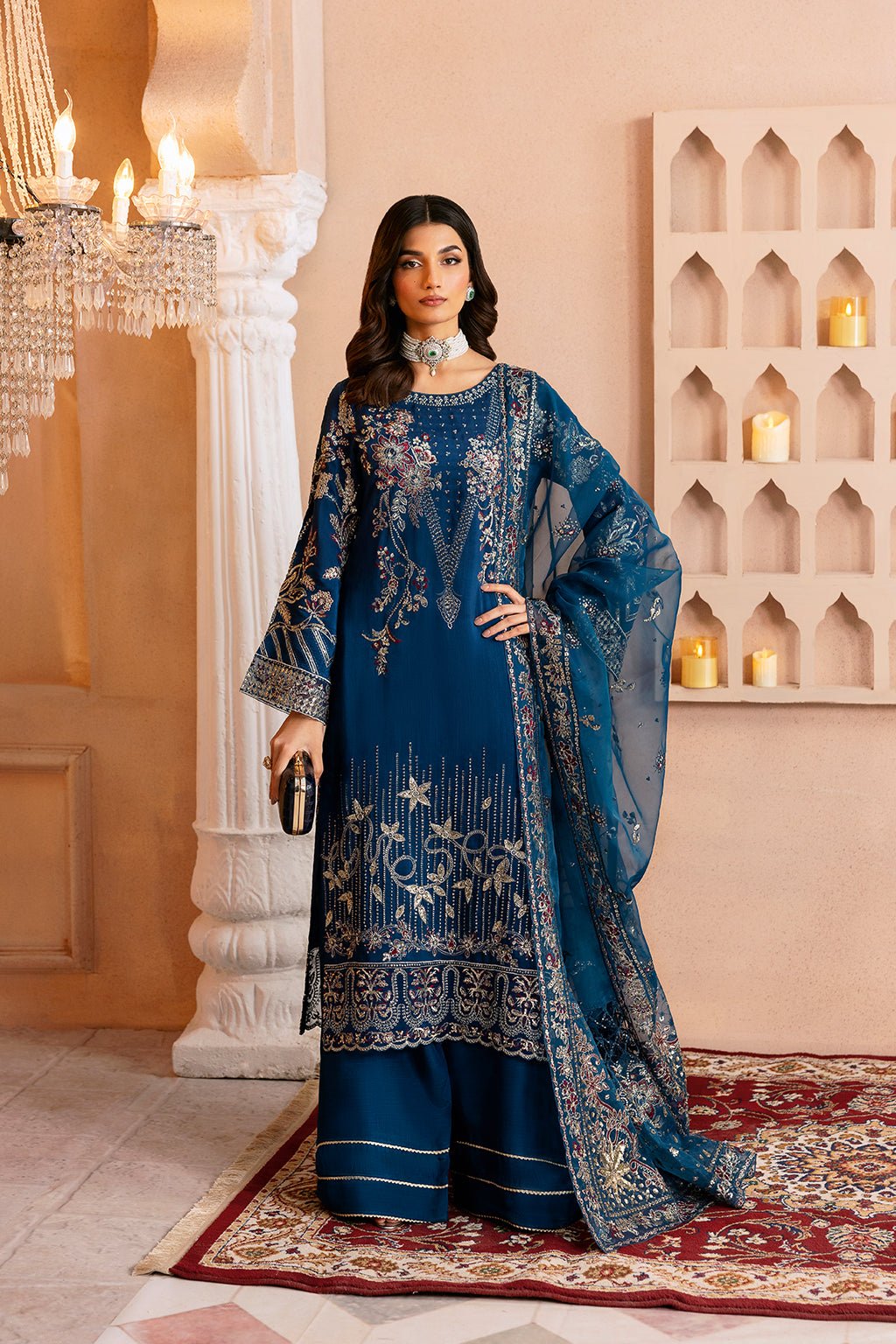 Ramsha | Shehnai Formals | SS-107-Brand:Ramsha-Type:Ladies Clothes-Navy-Raw Silk-House of Maryam- Buy in UK, USA