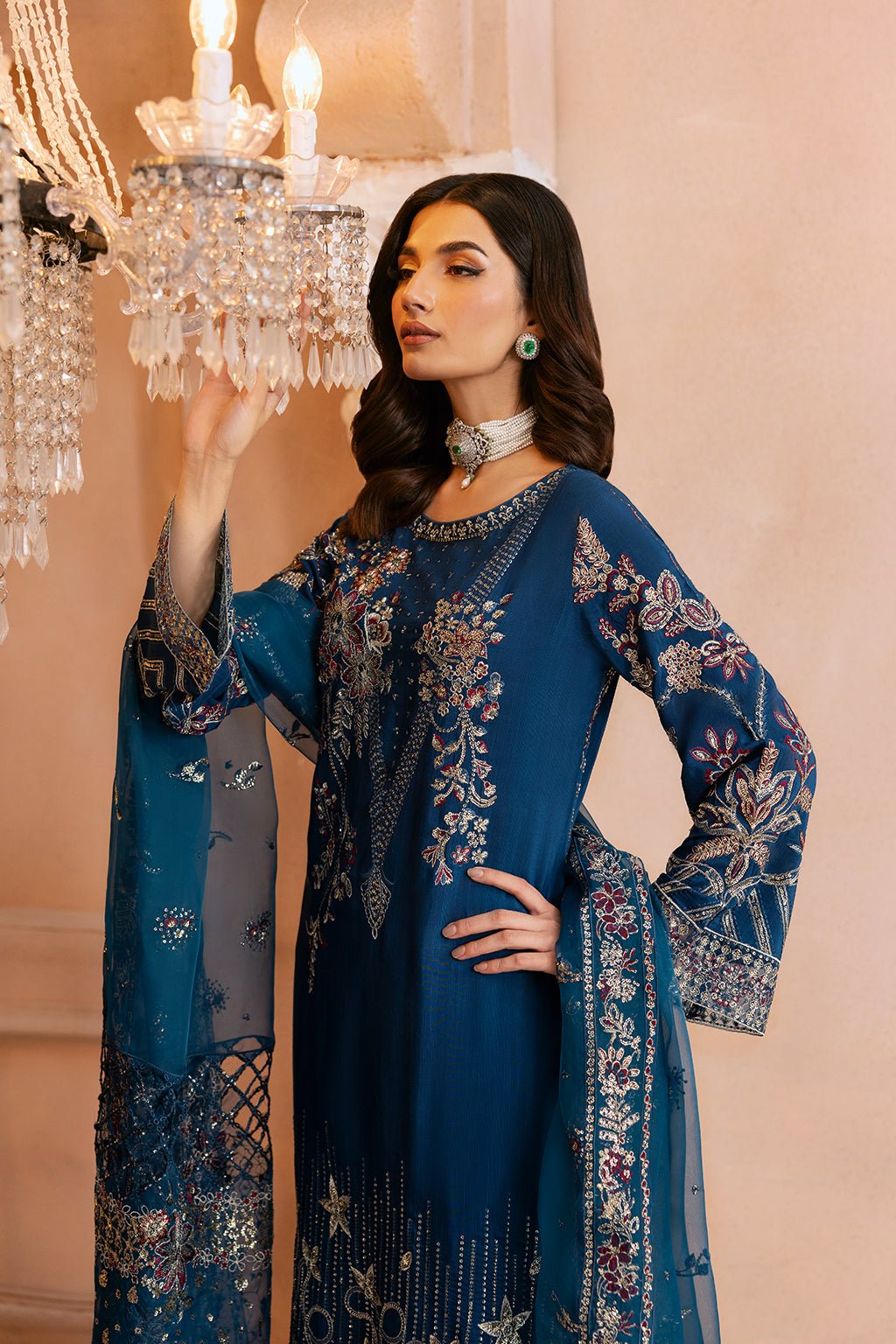 Ramsha | Shehnai Formals | SS-107-Brand:Ramsha-Type:Ladies Clothes-Navy-Raw Silk-House of Maryam- Buy in UK, USA