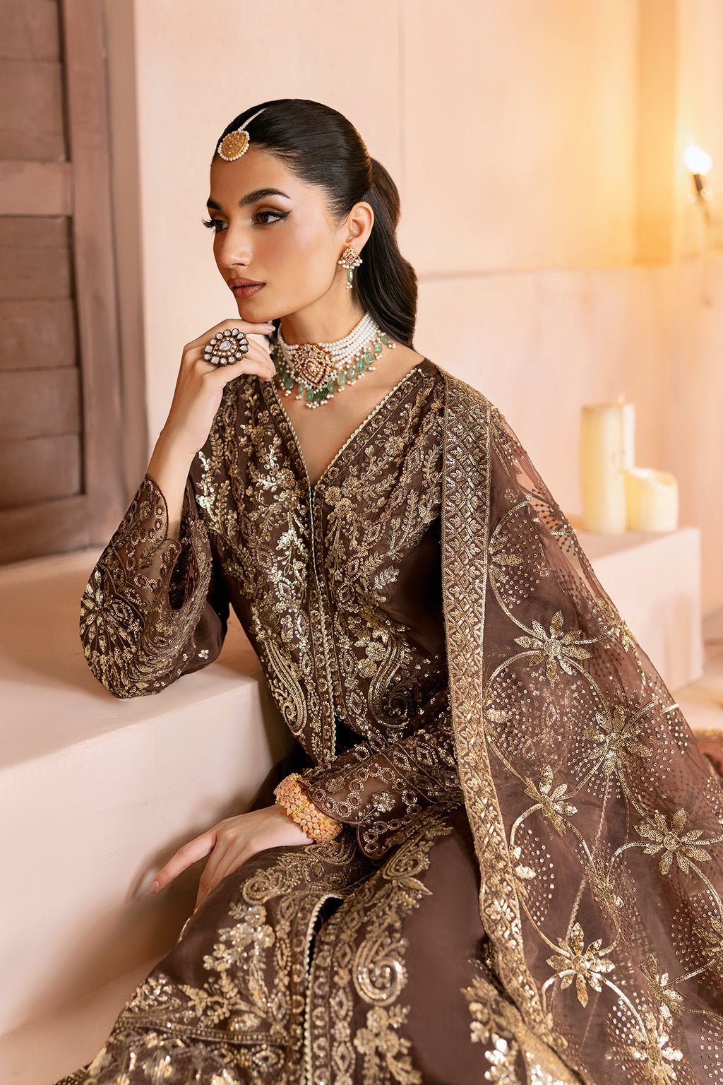 Ramsha | Shehnai Formals | SS-108-Brand:Ramsha-Type:Ladies Clothes-Chocolate Brown-Raw Silk-House of Maryam- Buy in UK, USA
