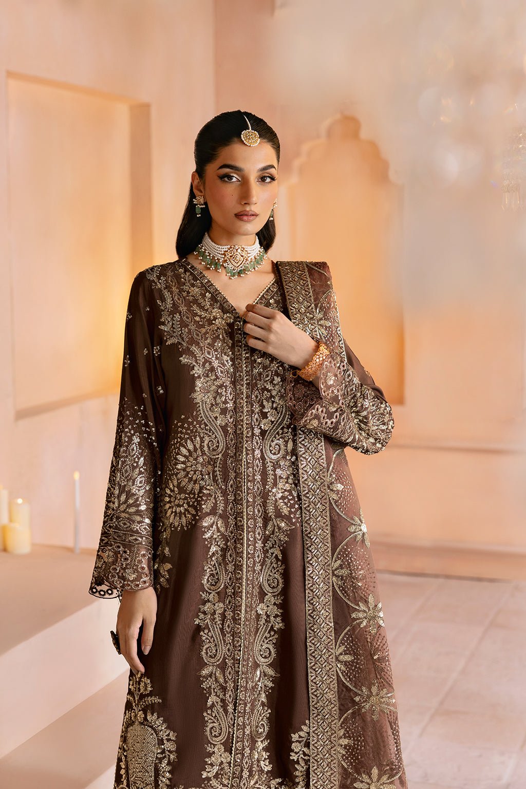 Ramsha | Shehnai Formals | SS-108-Brand:Ramsha-Type:Ladies Clothes-Chocolate Brown-Raw Silk-House of Maryam- Buy in UK, USA