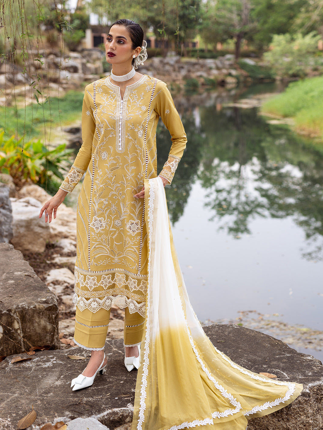 Roheenaz | Dahlia Embroidered Lawn 24 | Forsythia -  Roheenaz Luxury - Original Designer Dress - House of Maryam
