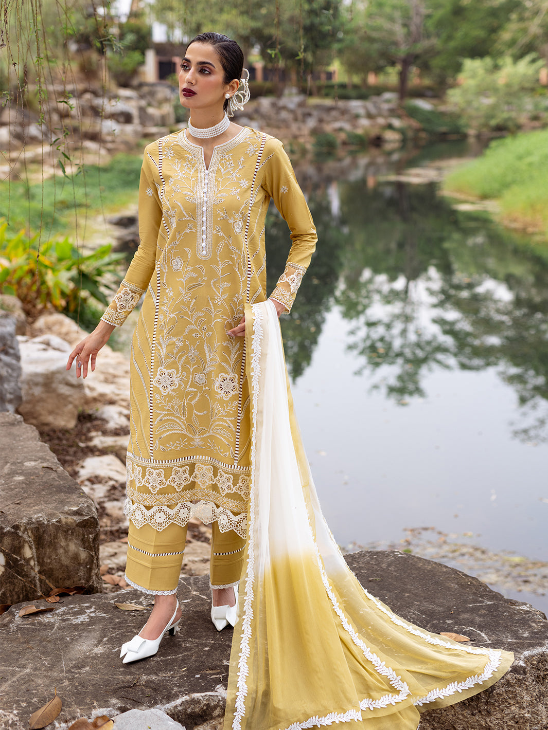 Roheenaz | Dahlia Embroidered Lawn 24 | Forsythia -  Roheenaz Luxury - Original Designer Dress - House of Maryam