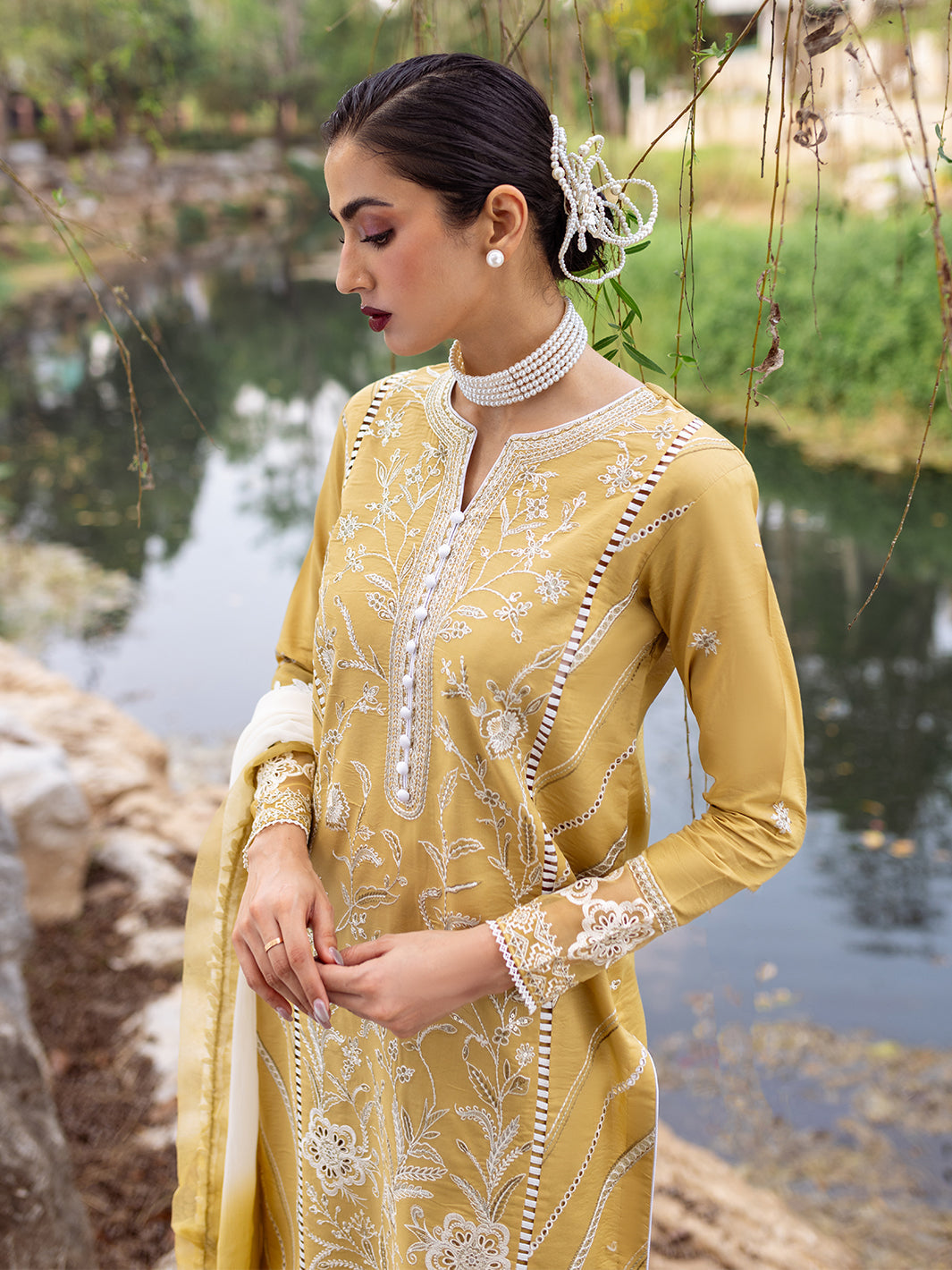 Roheenaz | Dahlia Embroidered Lawn 24 | Forsythia -  Roheenaz Luxury - Original Designer Dress - House of Maryam
