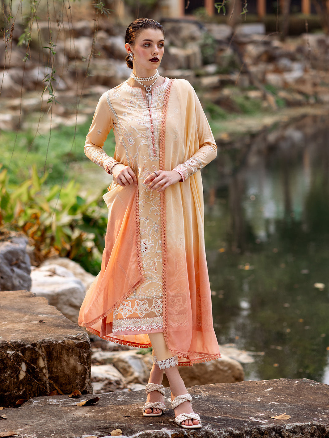Roheenaz | Dahlia Embroidered Lawn 24 | Magnolia -  Roheenaz Luxury - Original Designer Dress - House of Maryam