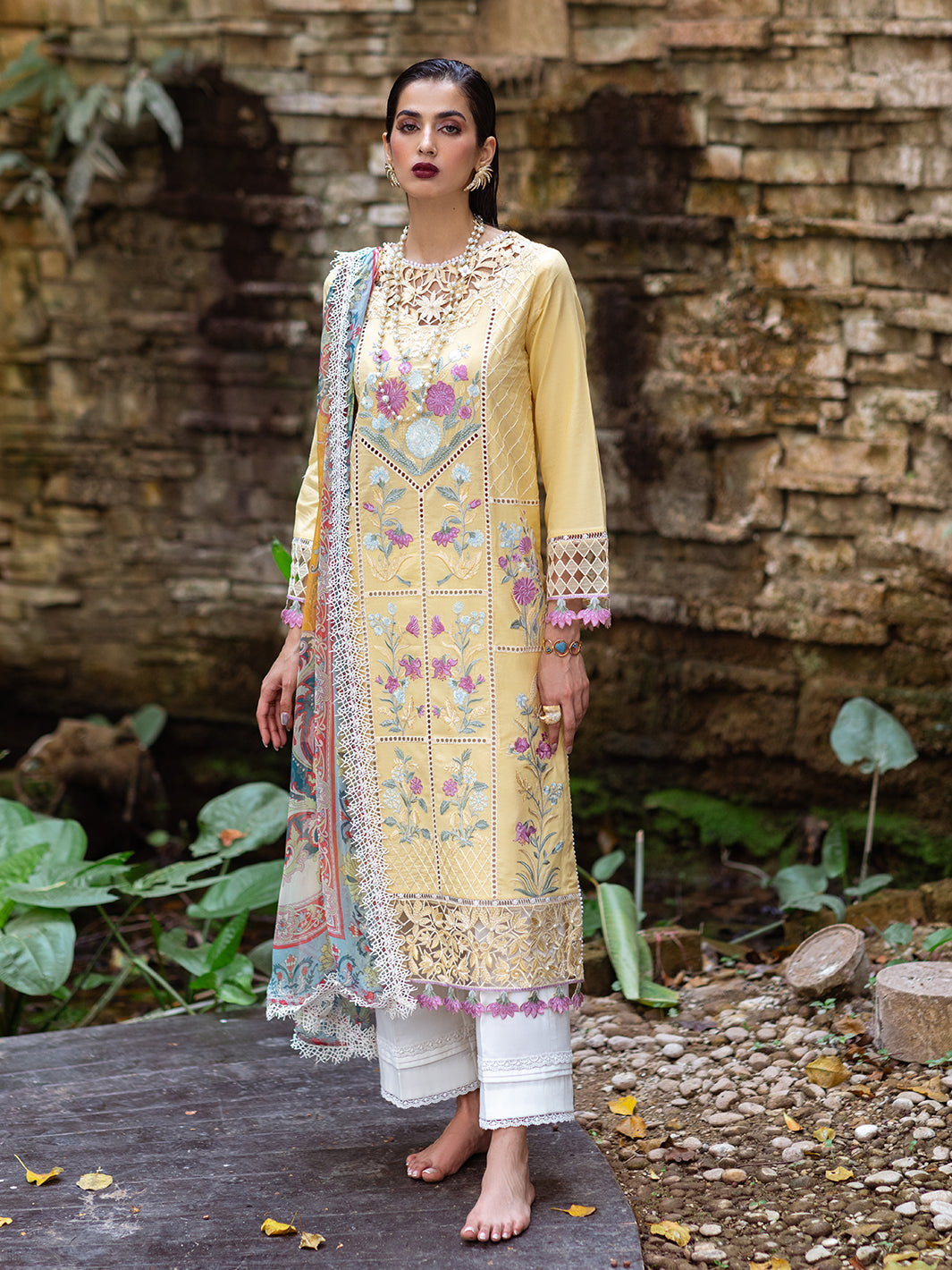 Roheenaz | Dahlia Embroidered Lawn 24 | Daffodil -  Roheenaz Luxury -  House of Maryam