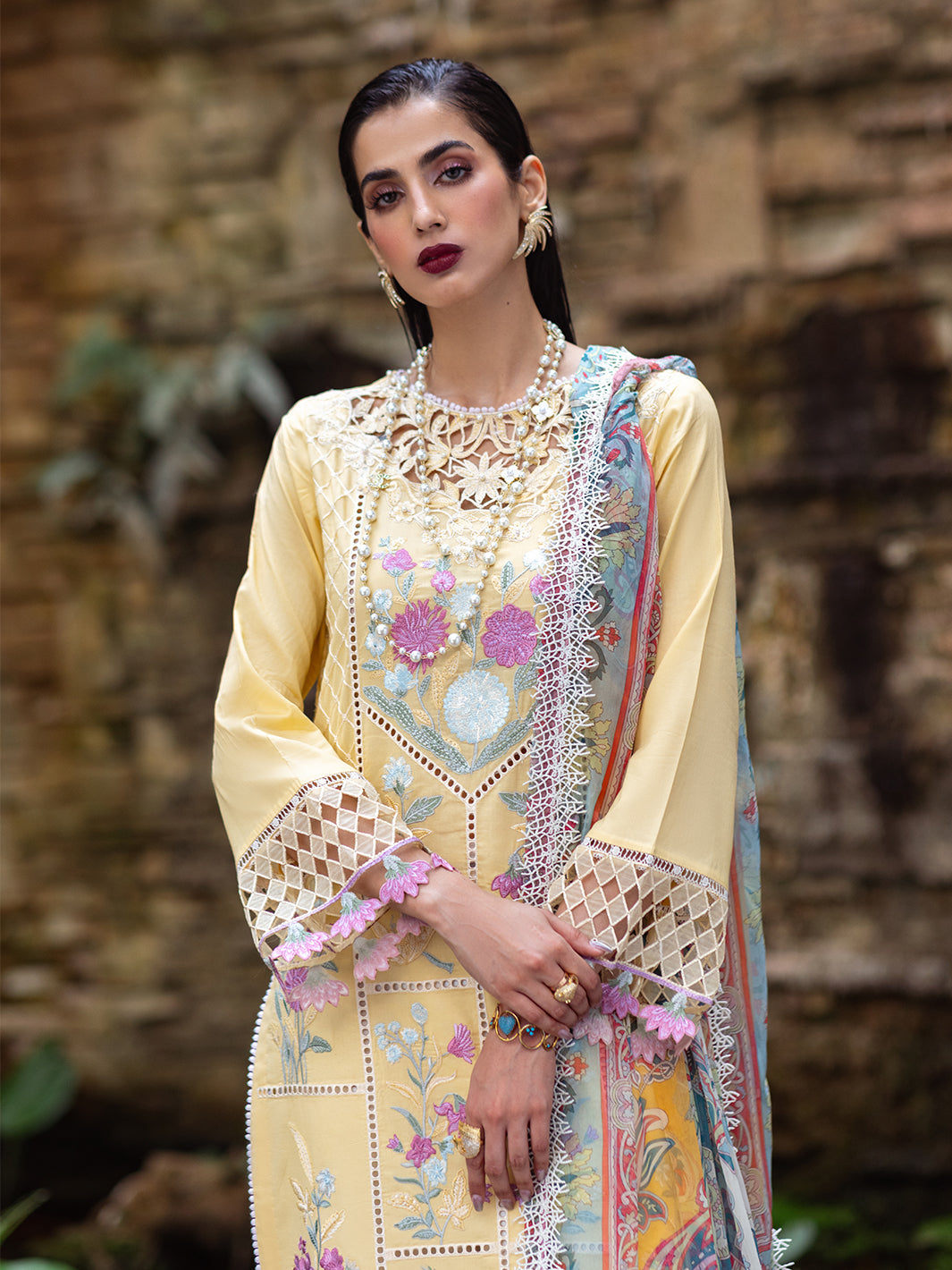 Roheenaz | Dahlia Embroidered Lawn 24 | Daffodil -  Roheenaz Luxury - Original Designer Dress - House of Maryam