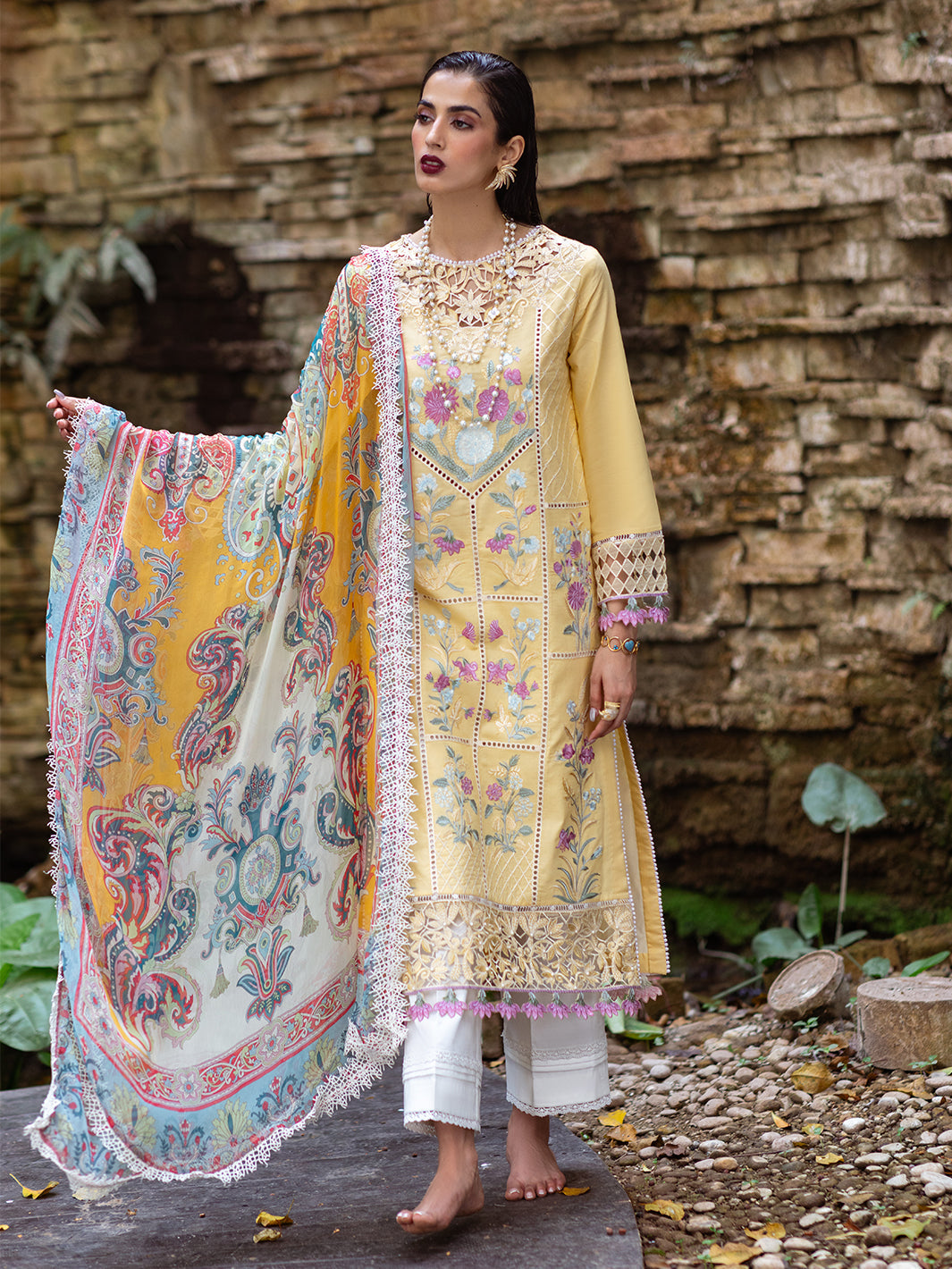 Roheenaz | Dahlia Embroidered Lawn 24 | Daffodil by Designer Roheenaz - House of Maryam - Pakistani Designer Ethnic Wear in {{ shop.shopifyCountryName }}