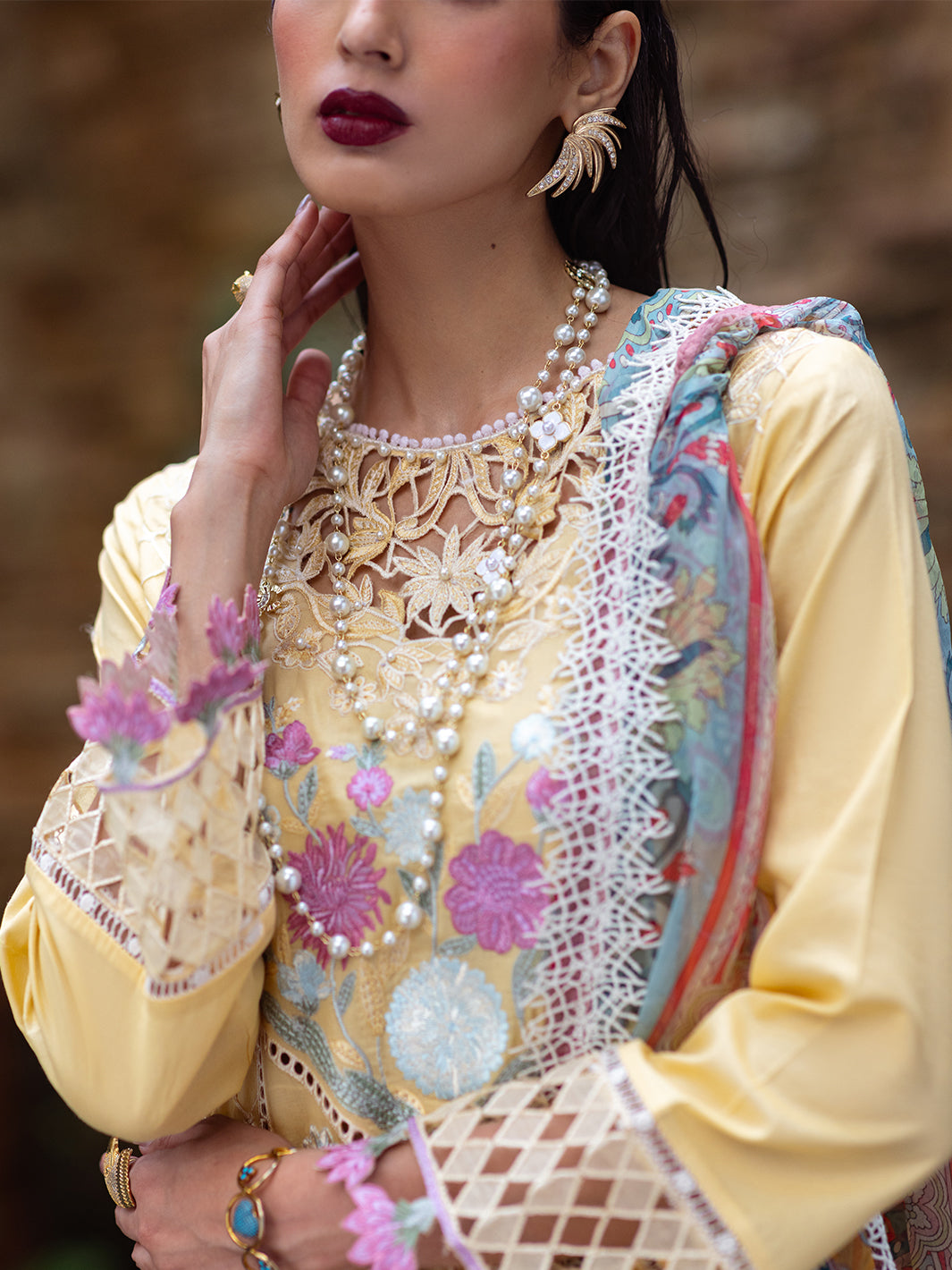 Roheenaz | Dahlia Embroidered Lawn 24 | Daffodil -  Roheenaz Luxury -  House of Maryam